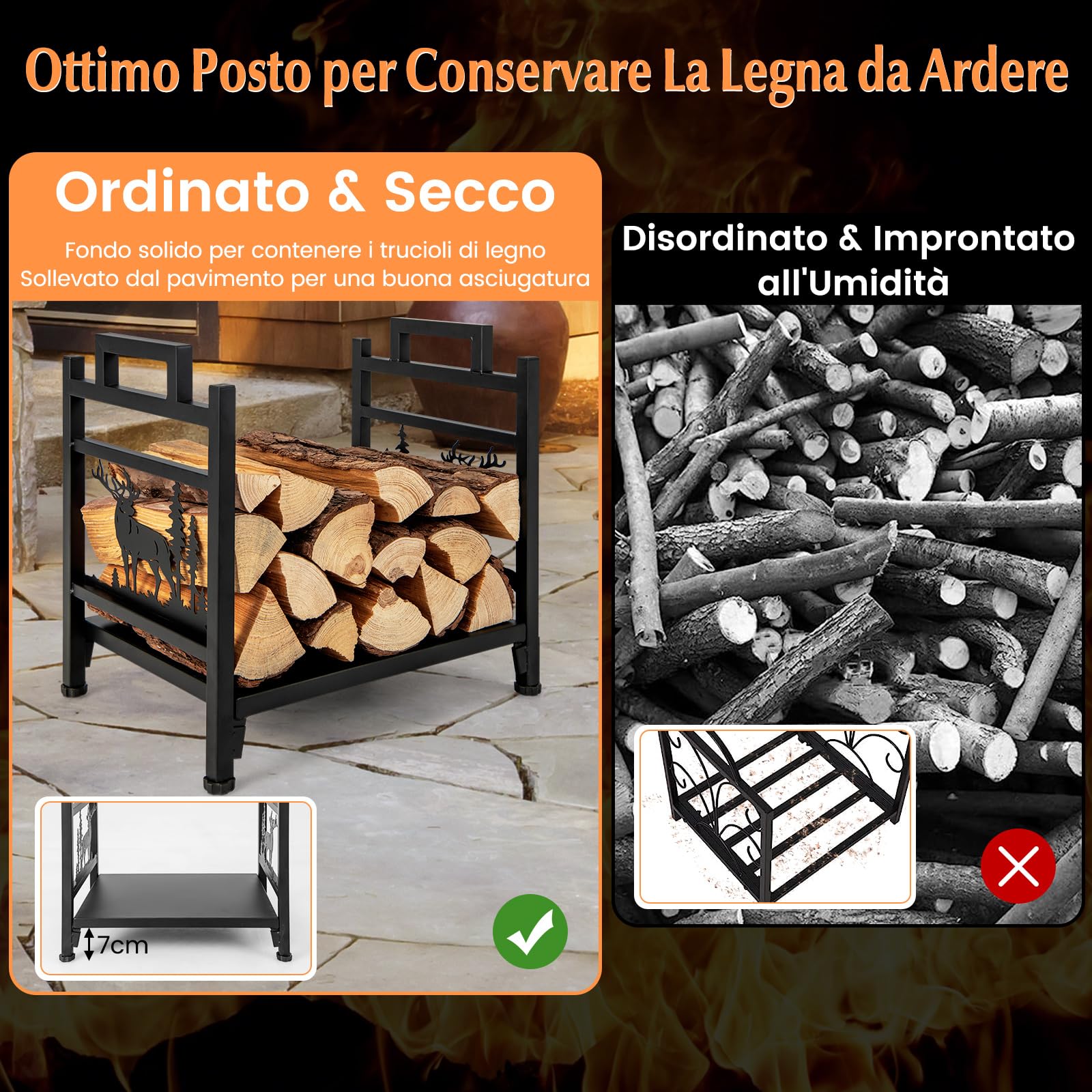 COSTWAY Porta Legna in Metallo, Portalegna con Doppia Impugnatura, Base Solida e Motivi Adorabili di Cervi e Alberi, Legnaia da Interno Esterno, Installazione Senza Attrezzi, Portata 60 kg
