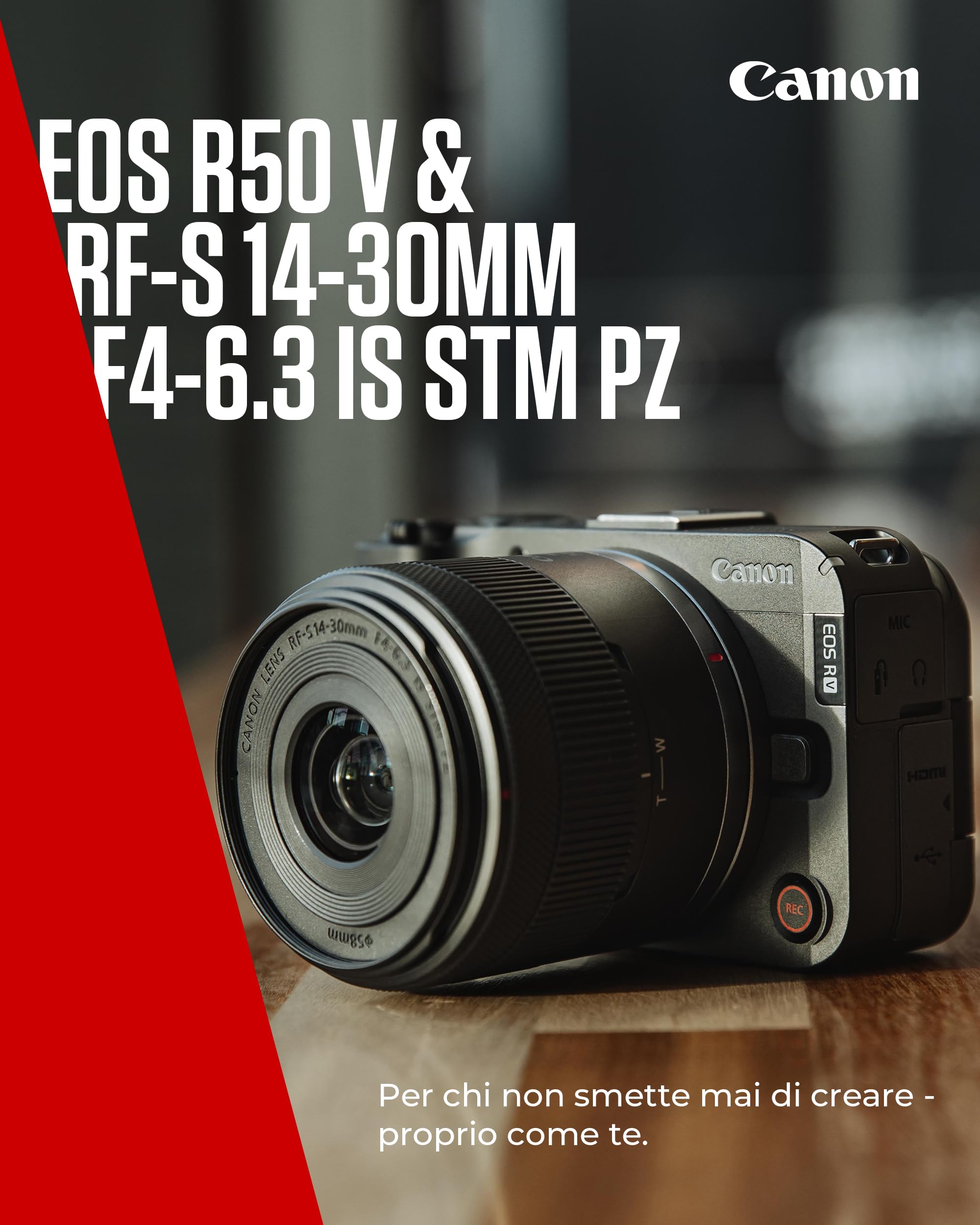 Canon EOS R50 V + RF-S 14-30mm F4-6.3 IS STM PZ – Fotocamera Digitale per Vlogging Compatibile con Obiettivi Canon RF | Attrezzatura per Content Creator, Vlog e Viaggi | Connettività Bluetooth