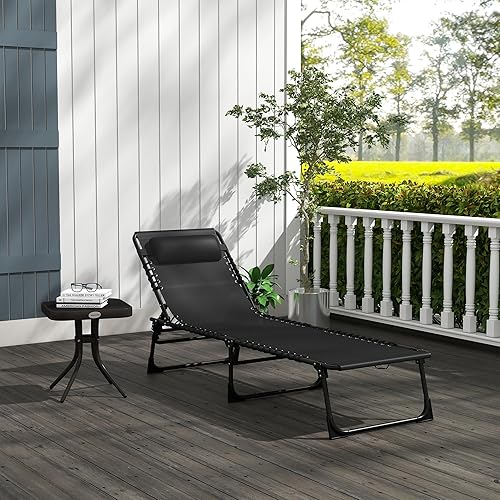 Miniatura 9 de Outsunny Tumbona plegable, silla de bronceado para patio, tumbona para exteriores con respaldo reclinable de 4 posiciones, asiento de malla Negro