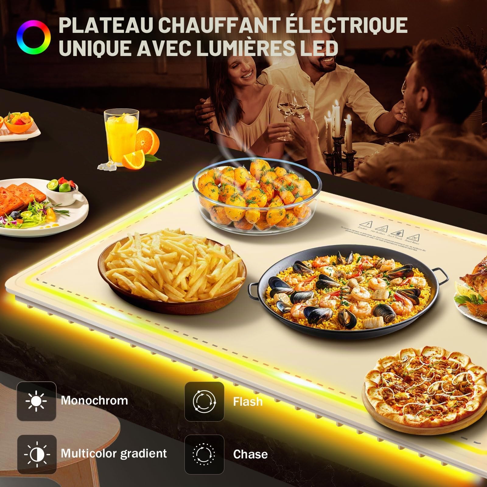 KingSom Chauffe Plat Électrique avec LED lumière, Plateau Chauffant en Silicone Pliable, Température Réglable 50-100°C & 1-6H Minuterie, Plaque Chauffante pour Fêtes, Buffet, Réunions de Famille