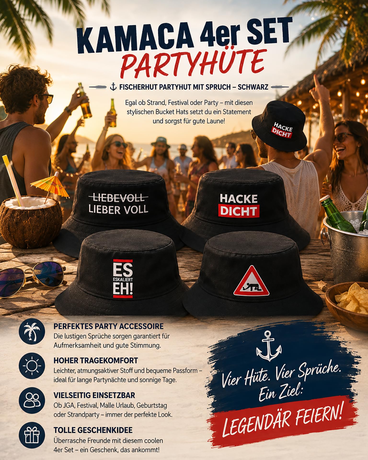 KAMACA 4er Set Fischerhut Partyhut mit Spruch – Bucket Hat – Lustige Partyhüte für Festival, Mallorca Urlaub, JGA, Strand & Sommerparty – Einheitsgröße Unisex
