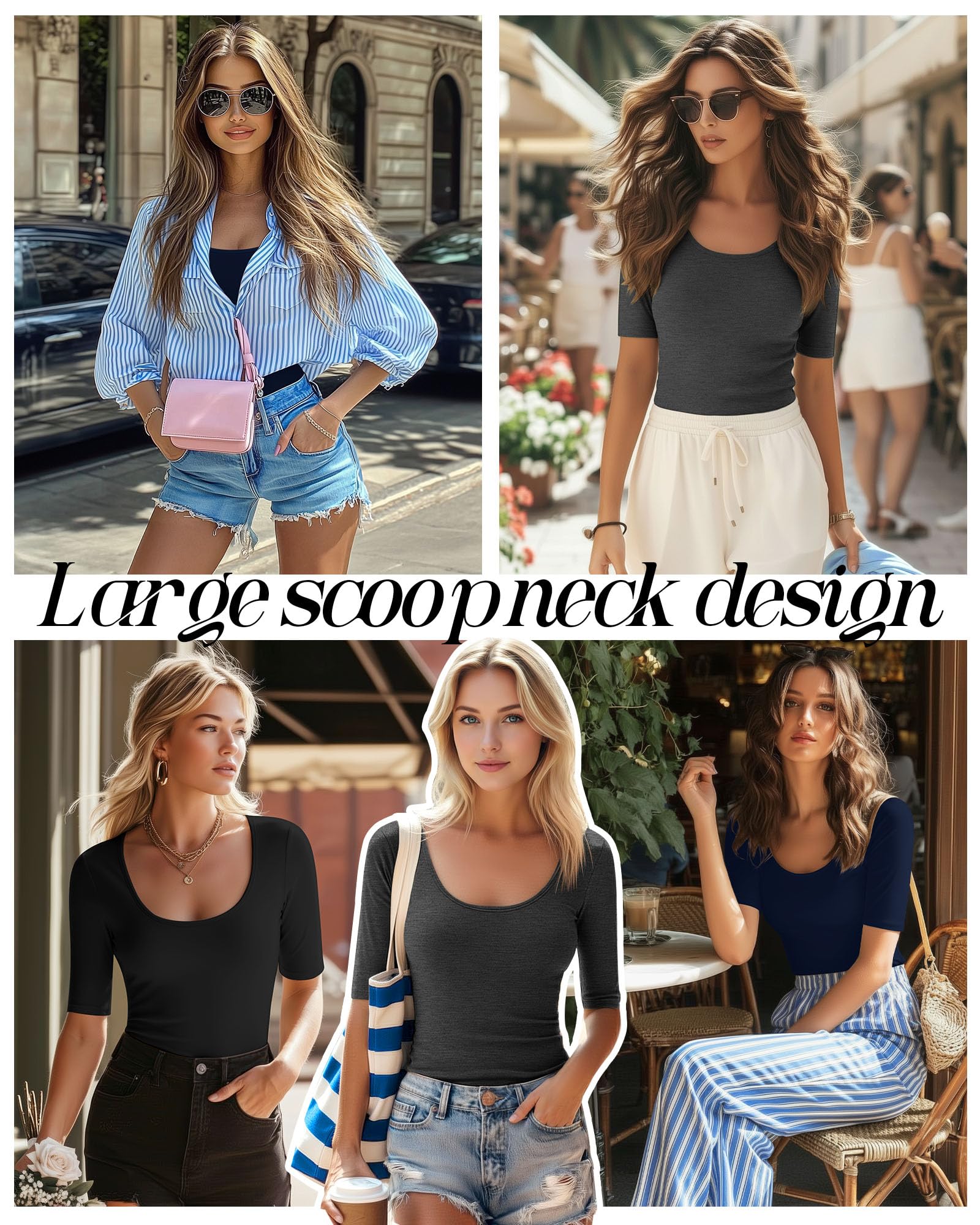 Neer Pack de 3 Tops Mujer Escote Redondo Manga Media Ajustados Estirables Mezcla Algodón Básicos Verano