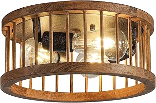 Farmhouse Flush Mount Ceiling Light, 3-Light Rustic Wood Ceiling Light, Industrial Close to Ceiling, Wooden Round Drum Ceiling Lamp for Kitchen, Hallway, Dining Room