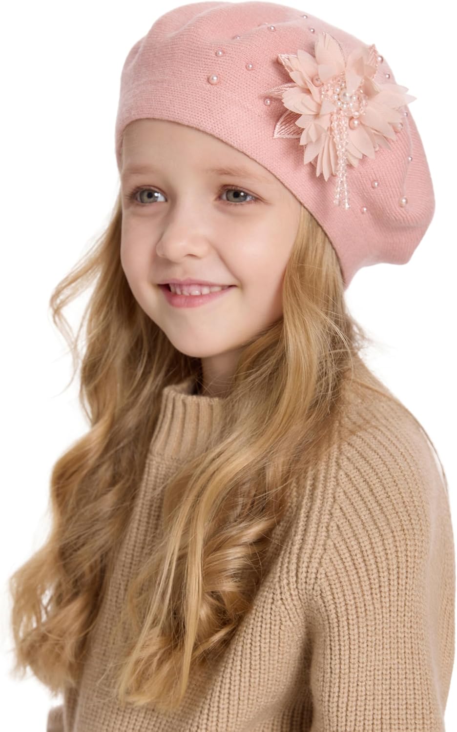 ZLYC Kids Beret Hat Girls Solid Color Knitted Floral Artist French Beret Cap