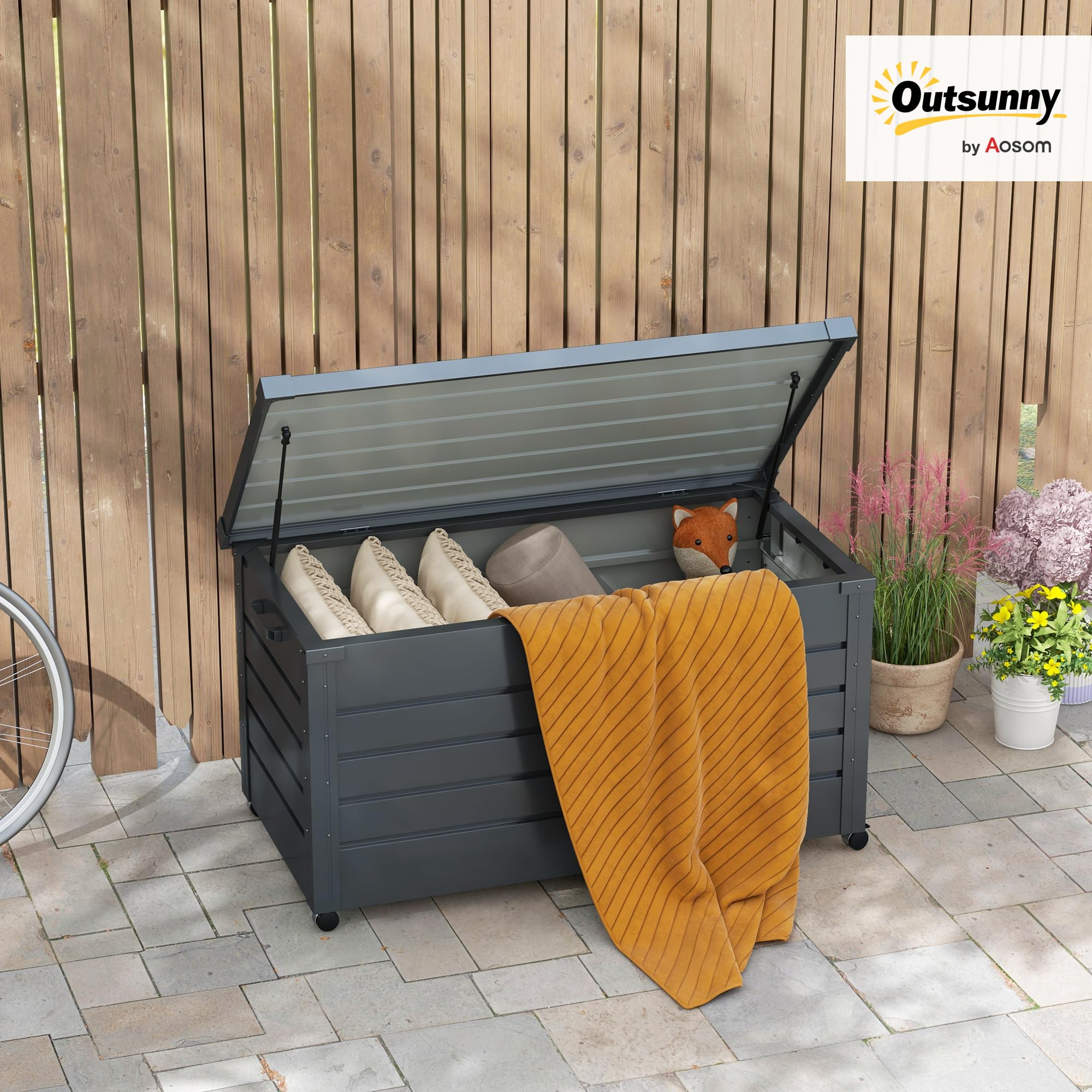 Outsunny Coffre de rangement extérieur 311L acier galvanisé roulettes vérin gaz poignée jardin 120x62x66 cm gris