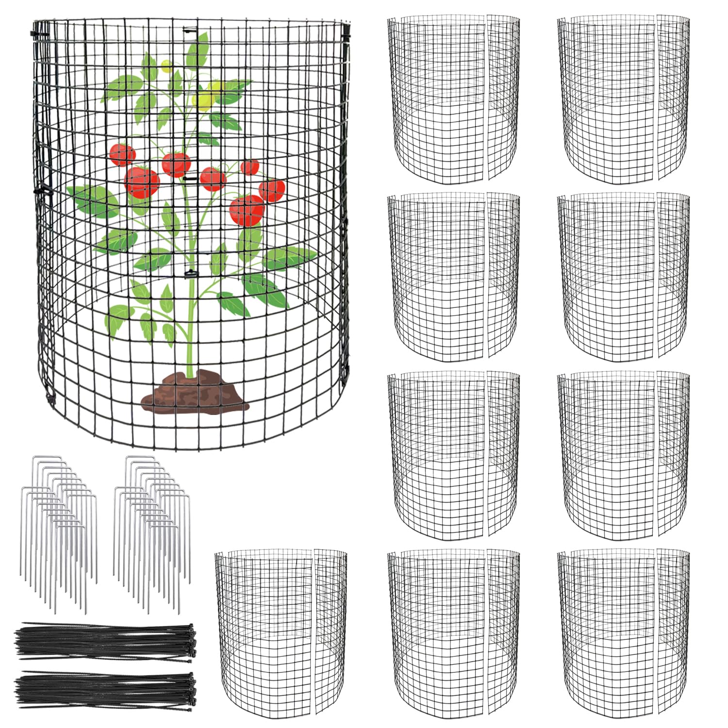 30Pcs 10 Pack Wire Plant Protectors Circle Wire Plant Cages Mesh Plant Cage Chicken Wire Cloche with 30 Ground Stakes and 200 Ties Protect Plants, Garden,Shrubs and Vegetables from Animals, 12x12 inch