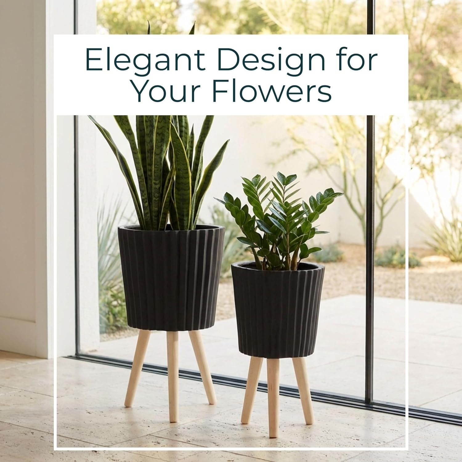 Set of 2 Resin & Magnesia Planter Set with Wood Stands – Plant Stand Indoor Outdoor, Living Room or Patio – Modern Raised Design, Accent Planters for Stylish Spaces, Home Decor – 12" & 10", Black