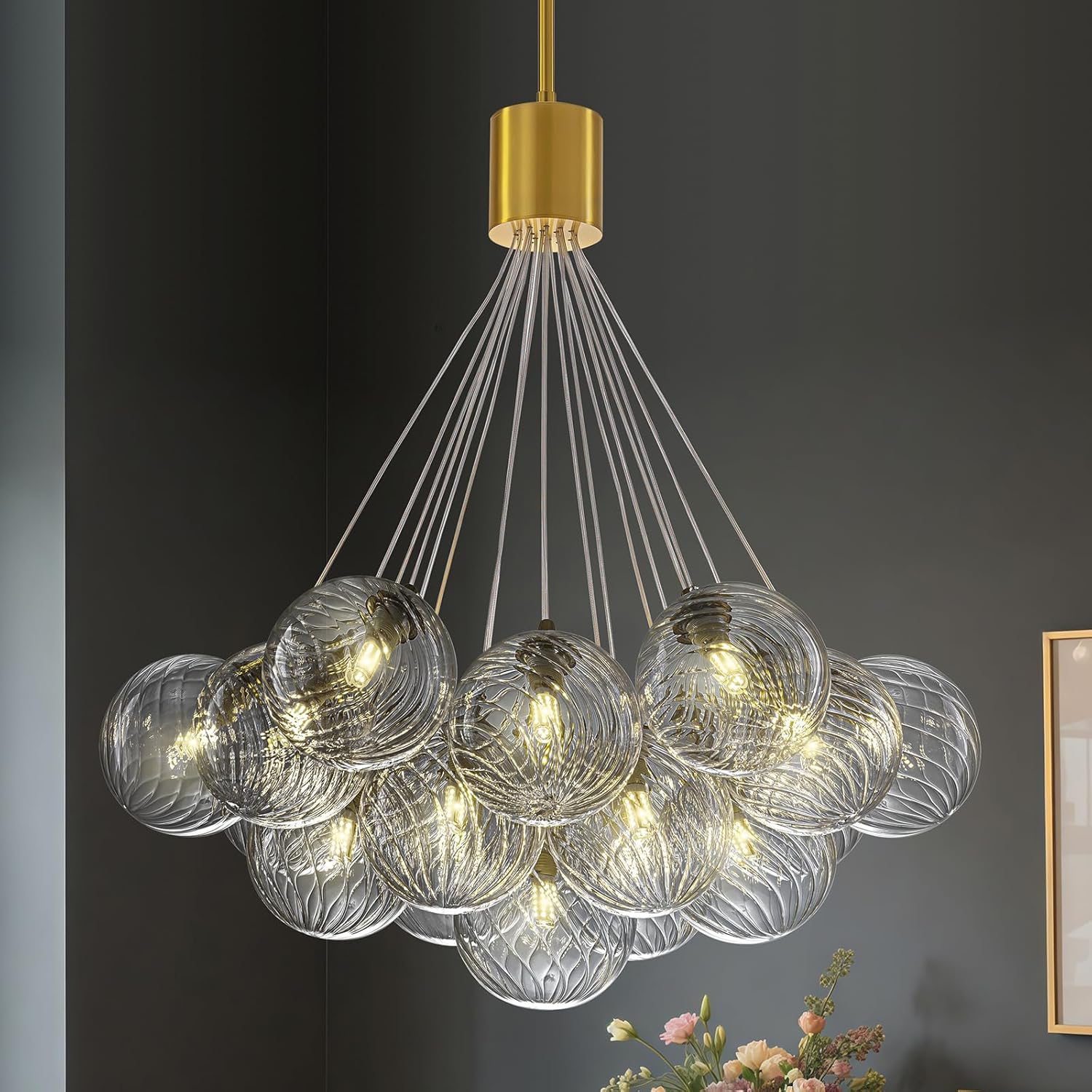 Alynzee 19-Light Brass Gold Chandeliers for Dining Room, 23" Large Handblown Glass Chandelier Light Fixtures Over Table, Modern Mid Century Sputnik Cluster Bubble Pendant Light Fixtures for Bedroom