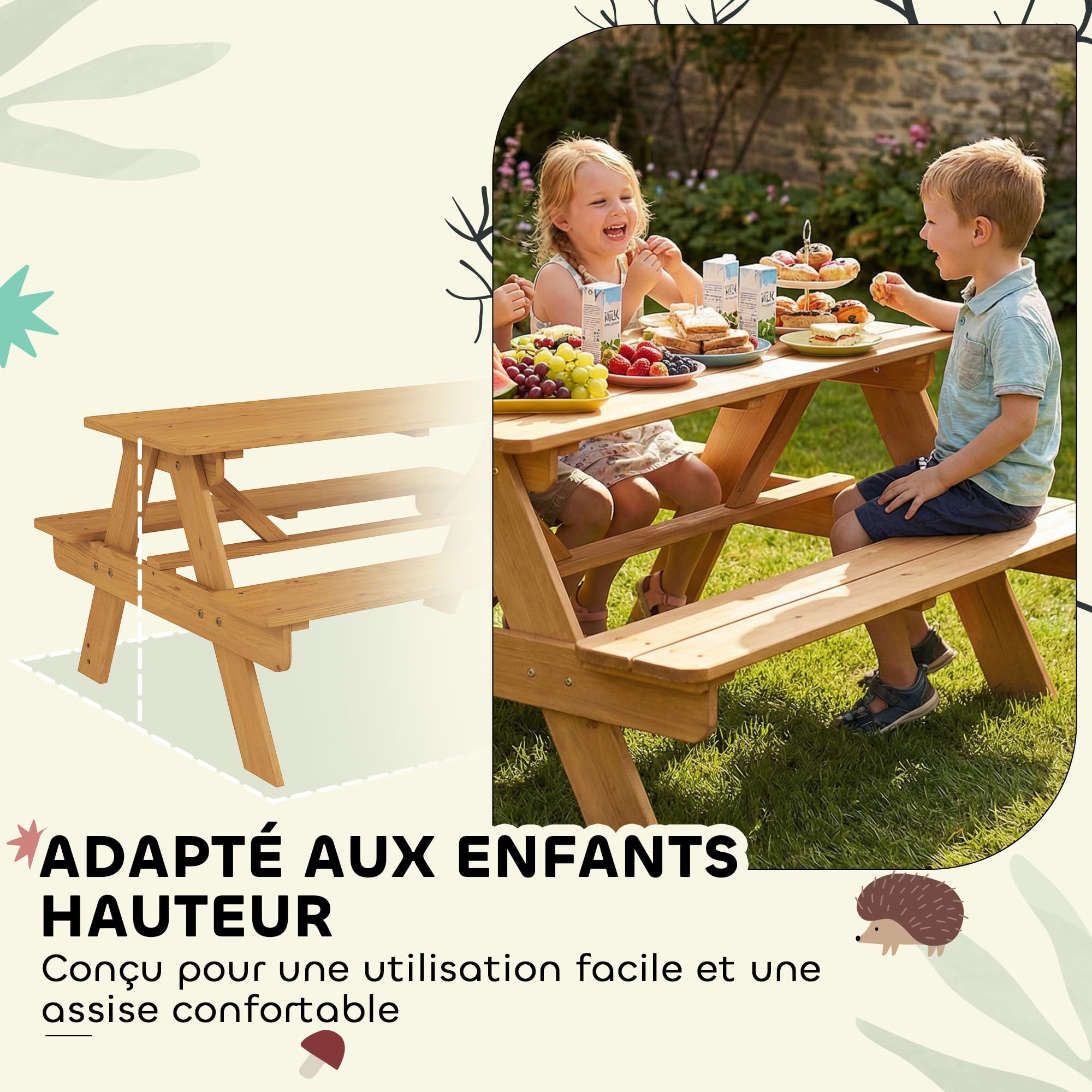 AIYAPLAY Ensemble Salon de Jardin extérieur Enfant, Table Pique-Nique Enfant avec bancs, Cadre en Bois Massif, pour Jardin, pelouse, Camping, Bois Naturel