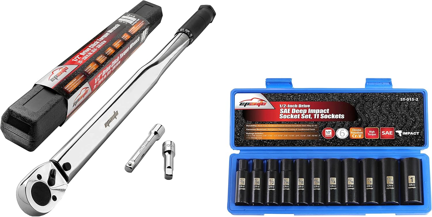 EPAuto 1/2-Inch Drive Click Torque Wrench 1/2-Inch Drive SAE Deep Impact Socket Set, Cr-V