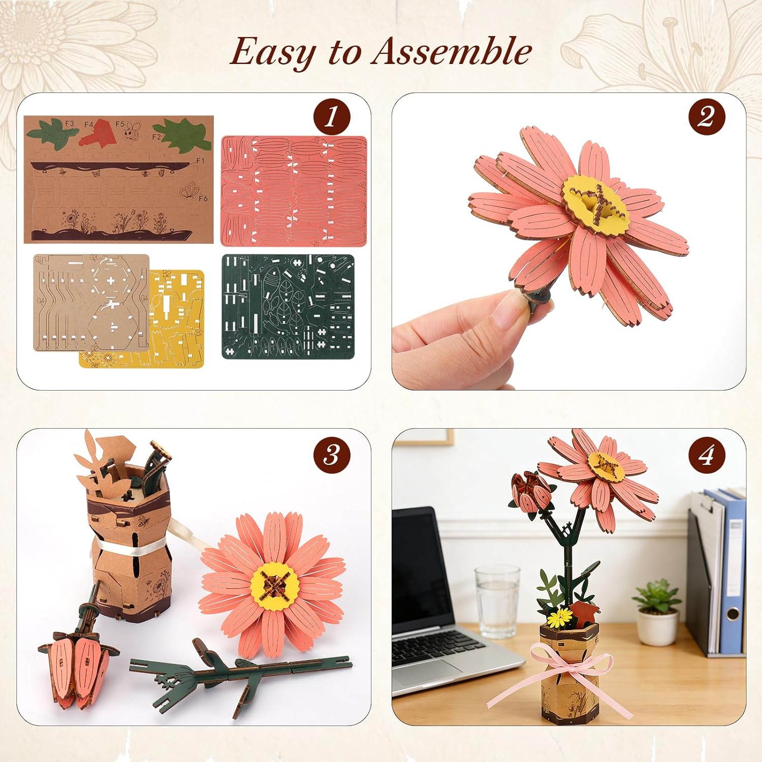 BUSOHA 3D Wooden Flower Puzzle for Adults – DIY Daisy Flowers Crafts for Adults Realistic Wooden Flower Bouquet Building Set, Creative Home Decor & Unique Gift for Women, Mom, Girlfriend,104PCS