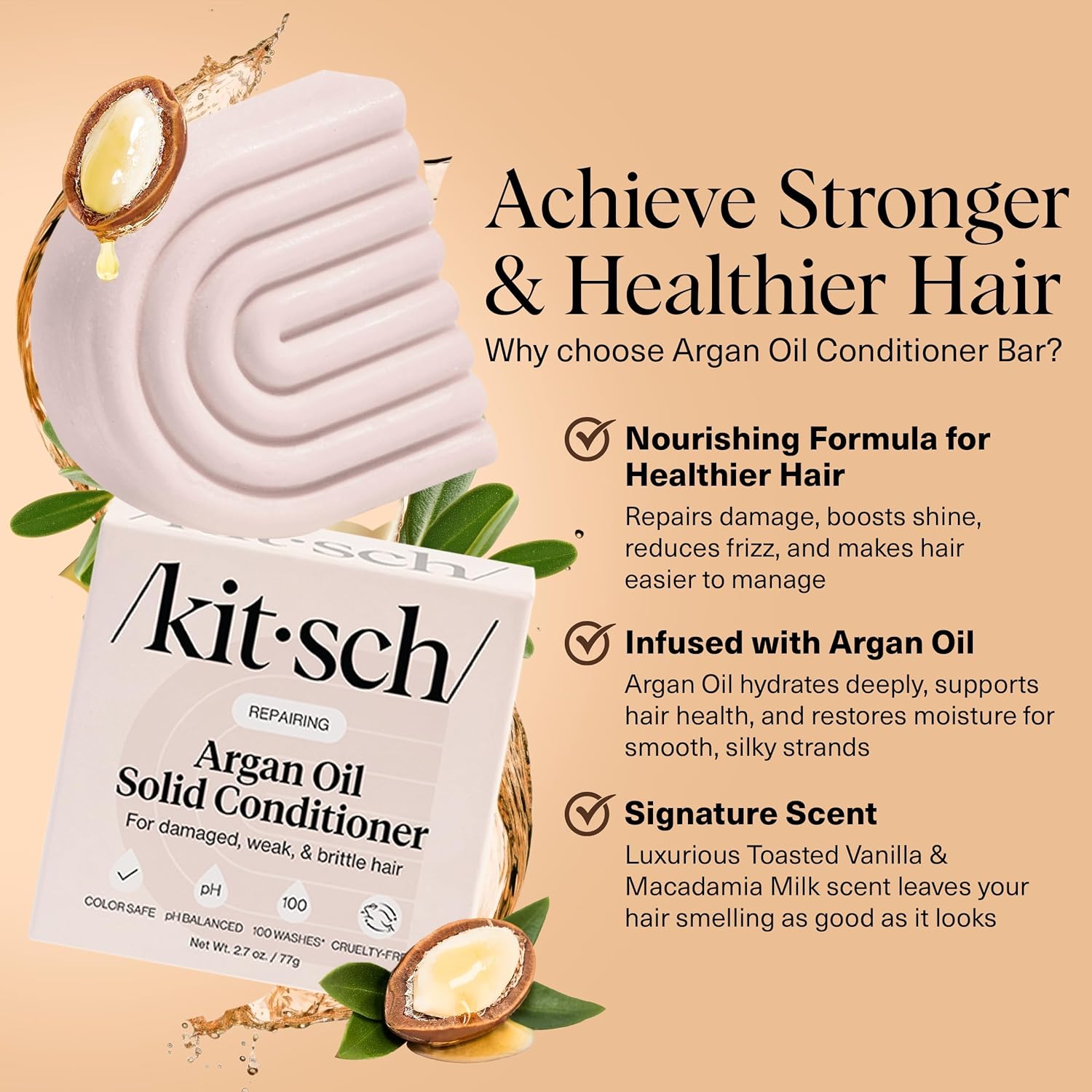 Kitsch Argan Oil Conditioner Bar – Repairing Hair Conditioner for Damaged Hair, Anti-Frizz – Strengthening, Moisturizing Hair Care – Paraben, Silicone & Sulfate-Free – Made in USA - 2.7 oz | Repairing, for Women and Men, Made in USA - Image 2