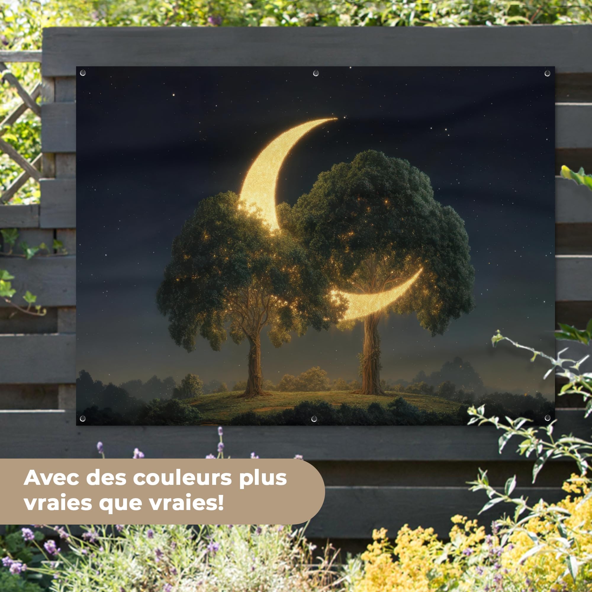 MuchoWow© Poster De Jardin Decoracion Balcón Wall Decoration Adornos Pared | 160x120 cm - Terraza Exterior Decoración Patio Posters Decorativos Luna - Árboles - Descanso