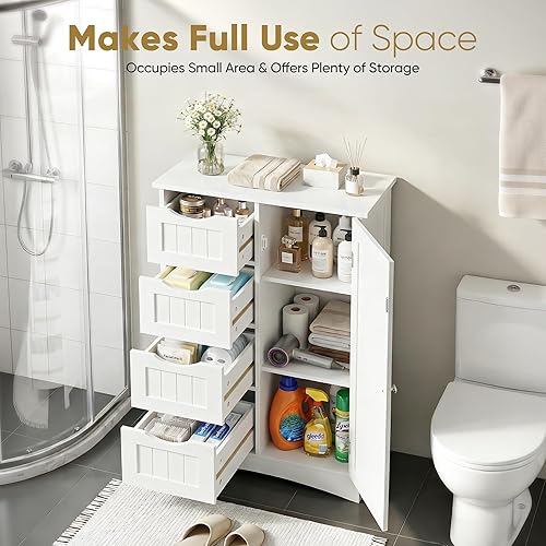 Miniatura 4 de ZENY Armario de almacenamiento de piso de baño, organizador lateral con 4 cajones y 1 armario, estante ajustable independiente unidad de entrada