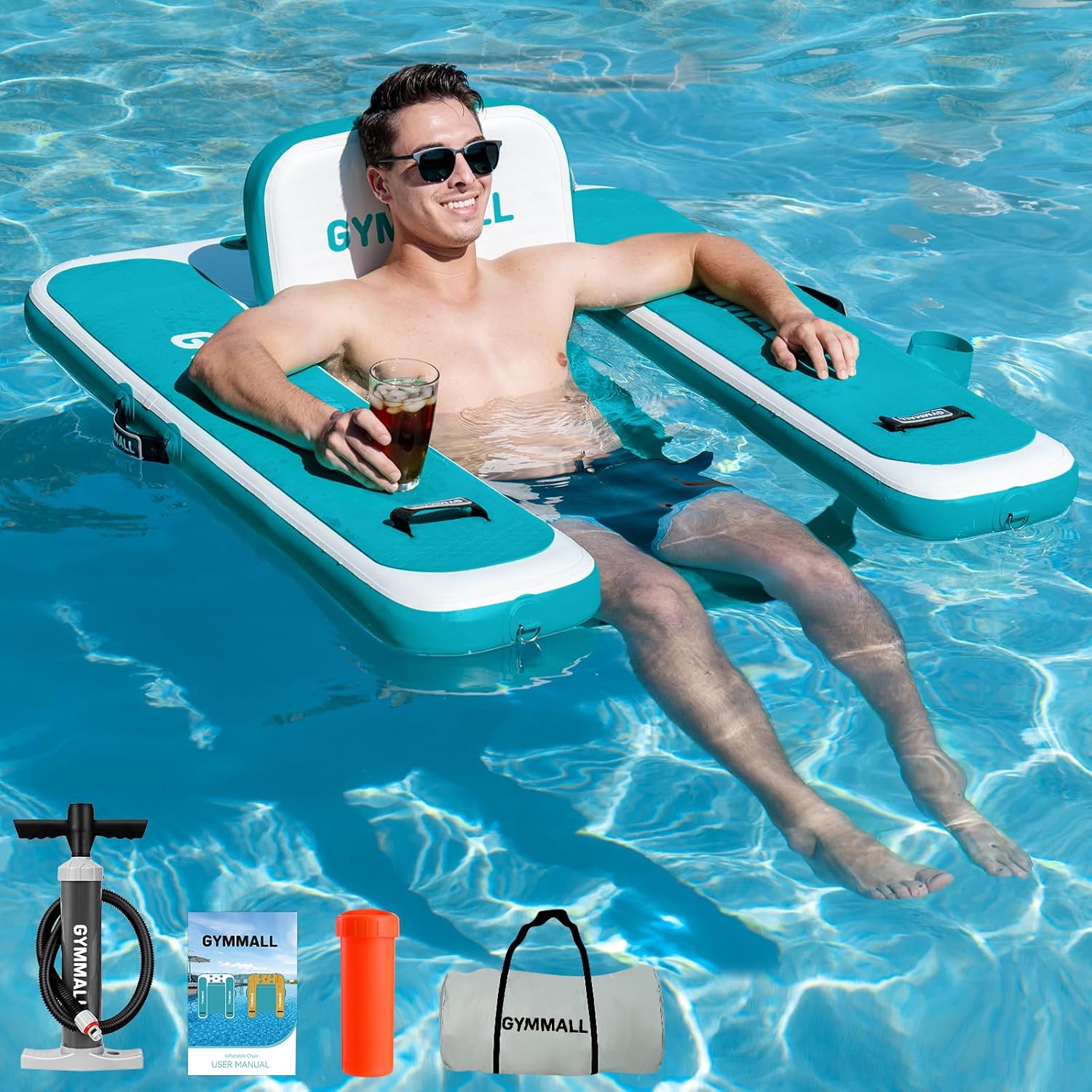 Inflatable Pool Lounger Float, Tanning Pool Chair Float for Adults, 53" L*43" W Sunchill Floating Chair Dock for Outdoor Lake, River and Beach with Storage Bag and Cup Holder - Lake Blue