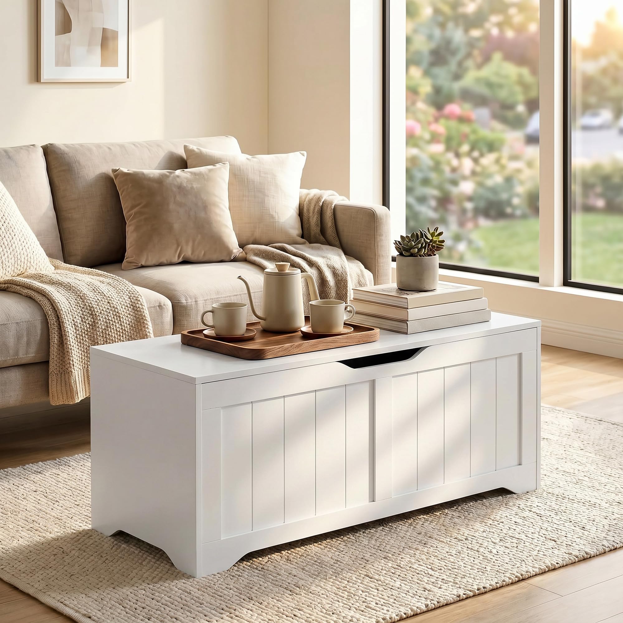 HOMCOM Cassapanca Contenitore da Interno 136L 100x40x45 cm Bianco | 2 Cerniere di Sicurezza, Baule Design Senza Maniglie, per Soggiorno e Ingresso, Panca Contenitore Moderna