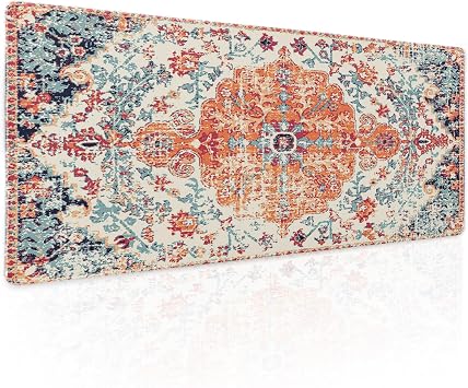 Orange Teal Boho Gaming Mouse Pad XL Rug Carpet Bohemian Retro Extended Large Desk Mat Big Mousepad Non-Slip Rubber Base Stitched Edge Long Desk Pad for Desktop Office PC Gamer,31.511.8 in
