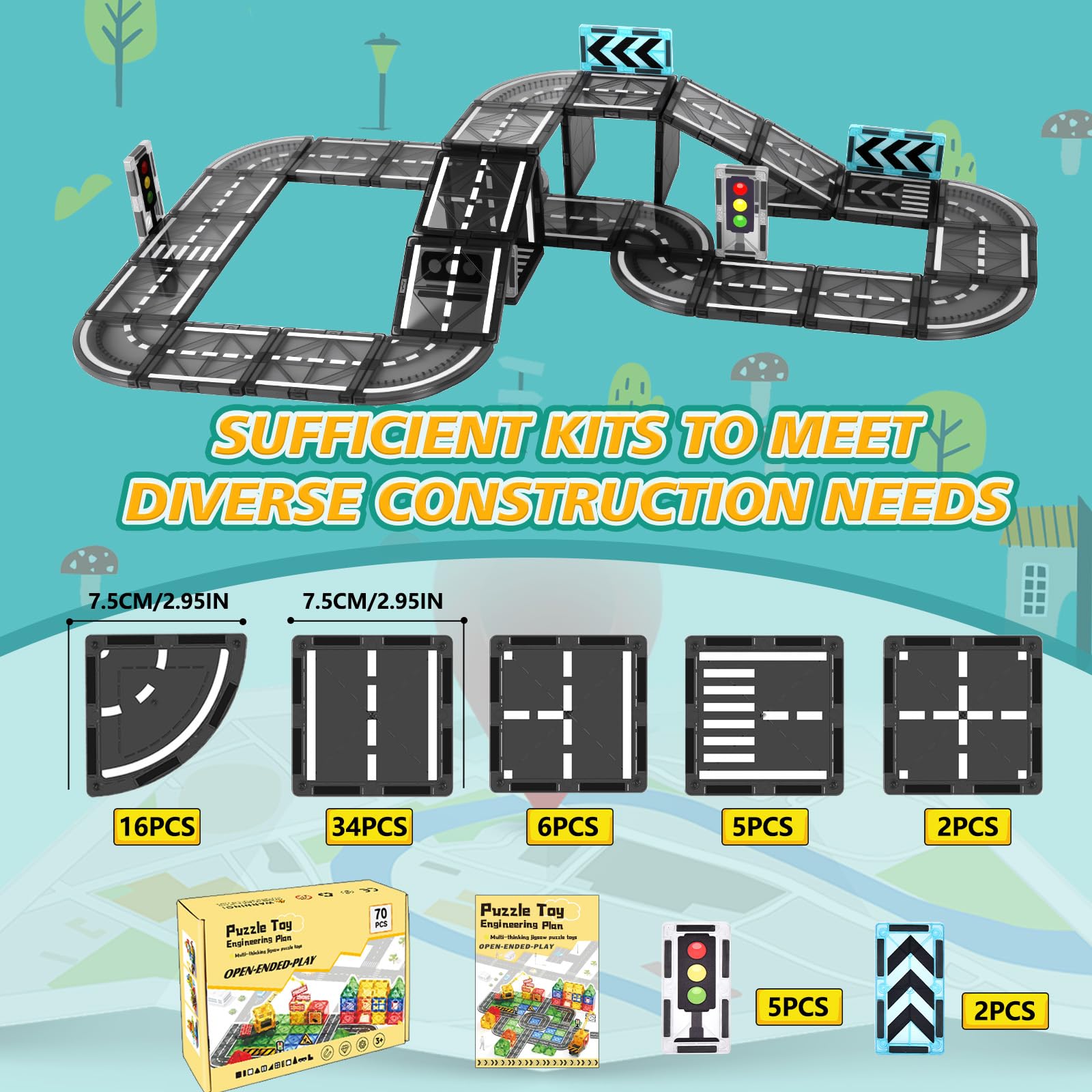 BuzzoXerex Costruzioni Magnetiche Strade, Piastrelle Magnetiche Bambini 70 pezzi, Tessere Magnetiche Blocchi Magnetici Giocattoli Costruzioni Regalo Bambino 3-4 anni