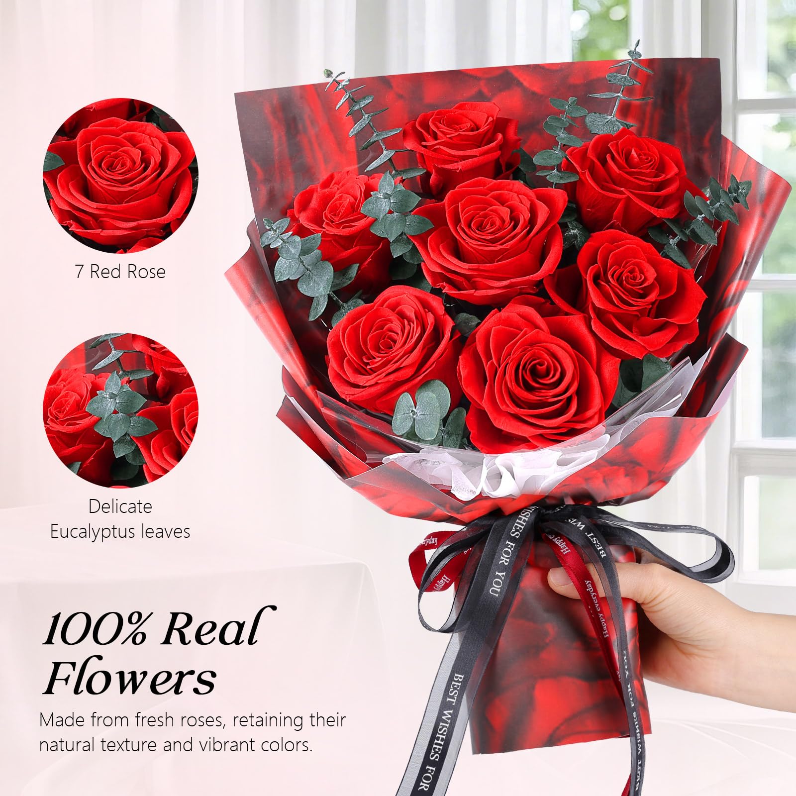 Bouquet di 7 Rose Rosse con Vaso, Rosa Stabilizzata, Fiori Eterni Conservati, Regali per Donna, Mamma, Moglie, Fidanzata, per Compleanno, Anniversario, San Valentino, Festa della Mamma