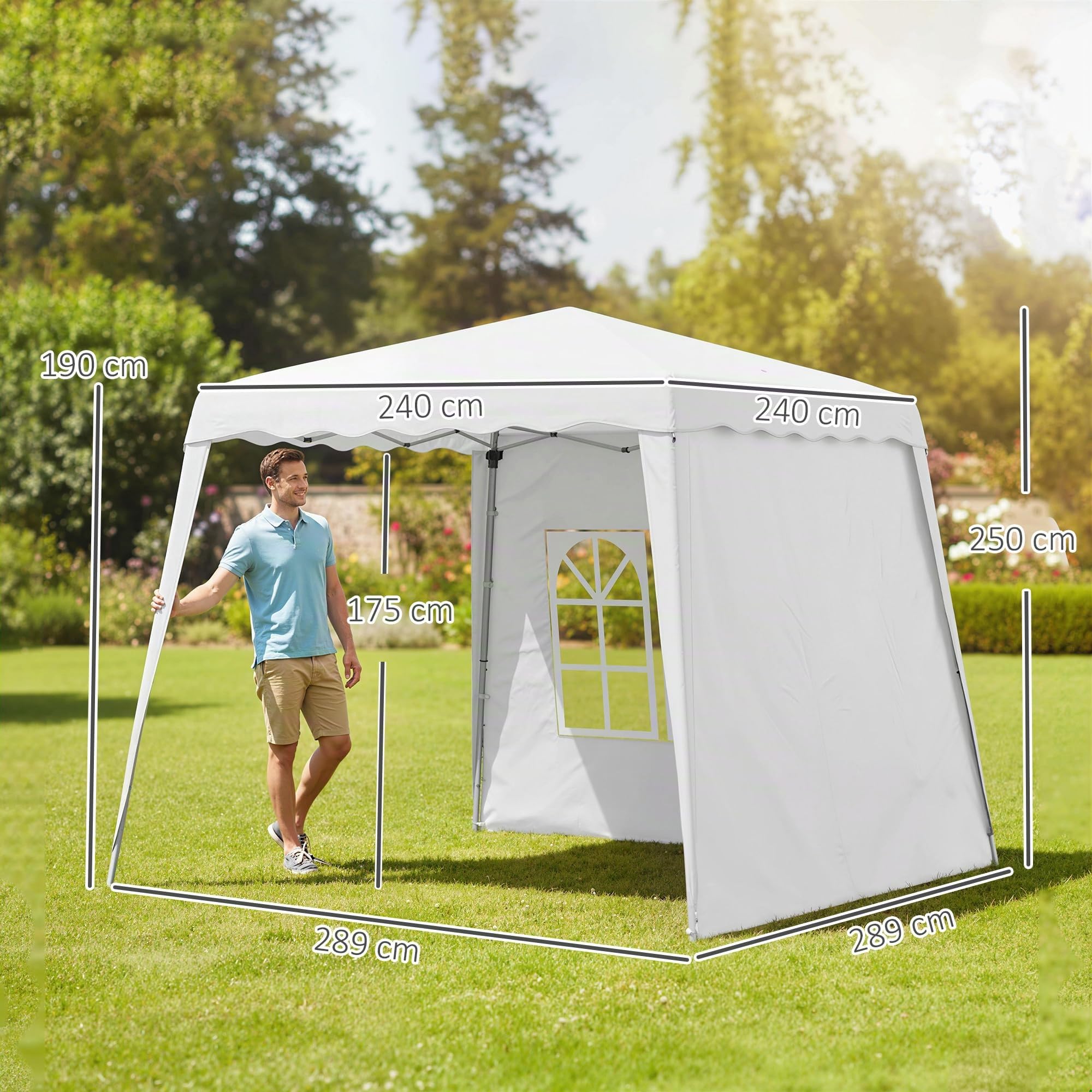 Outsunny Gazebo Pieghevole 2.4x2.4 m Pop Up Altezza Regolabile Bianco | 3 Livelli, Borsa da Trasporto, Gazebo da Esterno, Acciaio e Oxford, UV50+, per Giardino, Feste