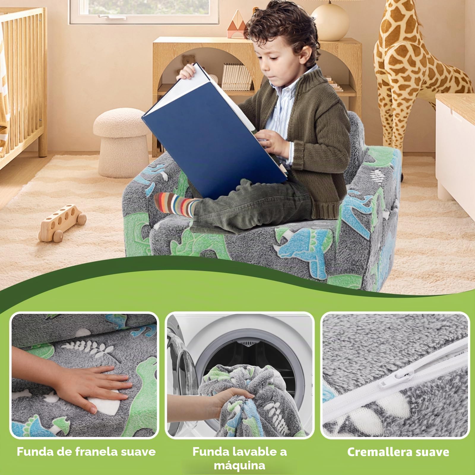 Sofá Infantil Plegable, sofá Cama 2 en 1, extraíble y Lavable, minisofá de Juegos para niños y niñas, sofá Convertible, diseño de Dinosaurios