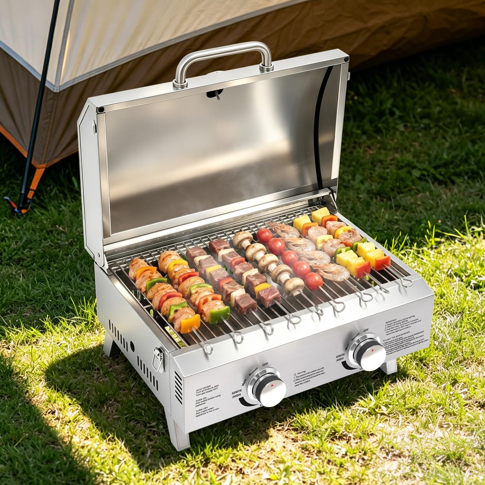 Barbecue a gas a 2 fuochi, piccolo barbecue portatile da tavolo per gas liquido, in acciaio inox, pieghevole, per balcone, giardino, campeggio, picnic e spiaggia, 55,8 x 45 cm, 4 piedini