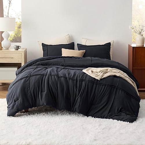 Miniatura 7 de Bedsure Juego de edredón King con sábana, juego de ropa de cama suave de 4 piezas, color negro suave, plisado de rejilla, para todas las estaciones,
