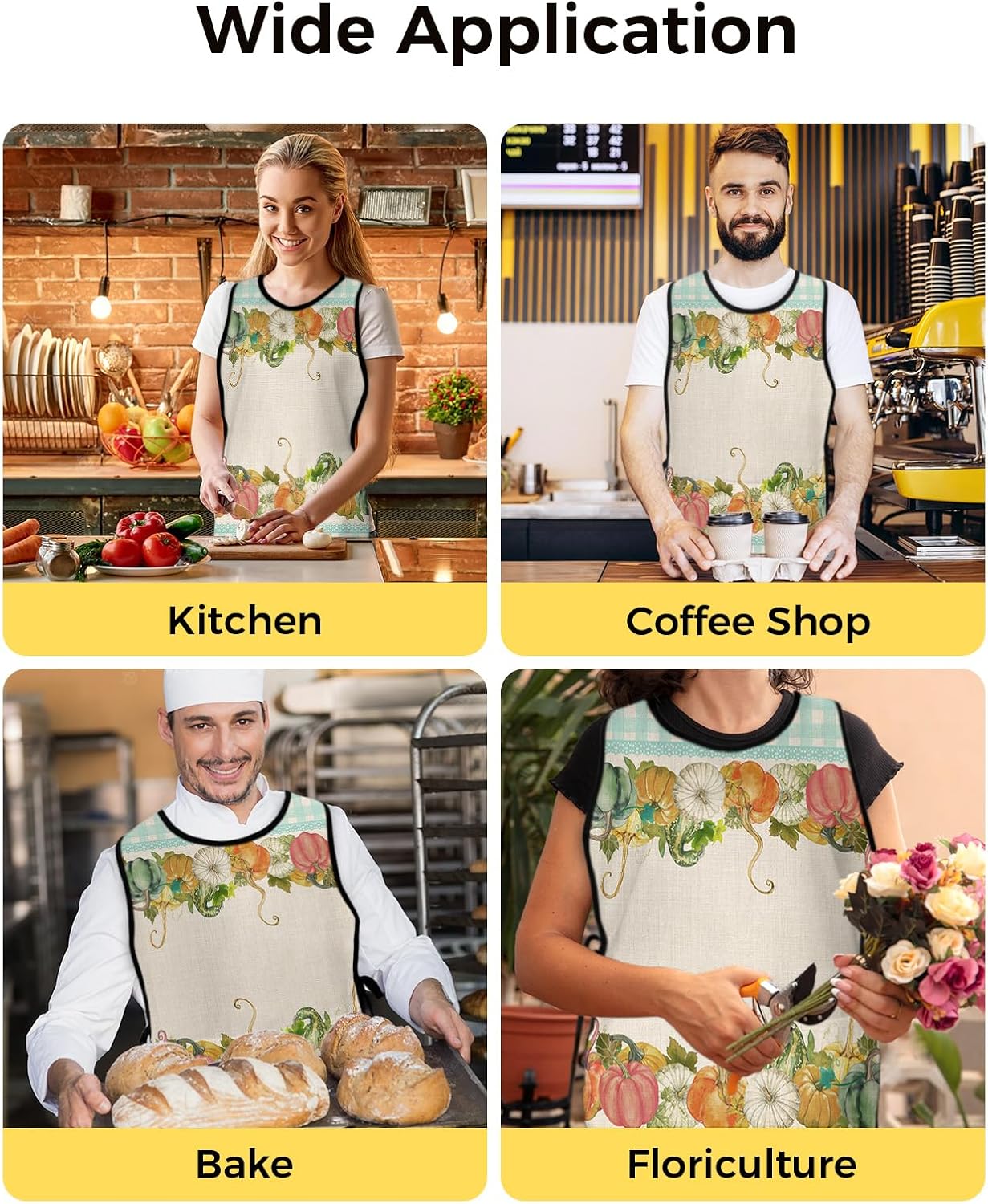 Blue Yellow Floral Cobbler Aprons with 2 Pockets for Women Men, Spring Retro Flower Watercolor