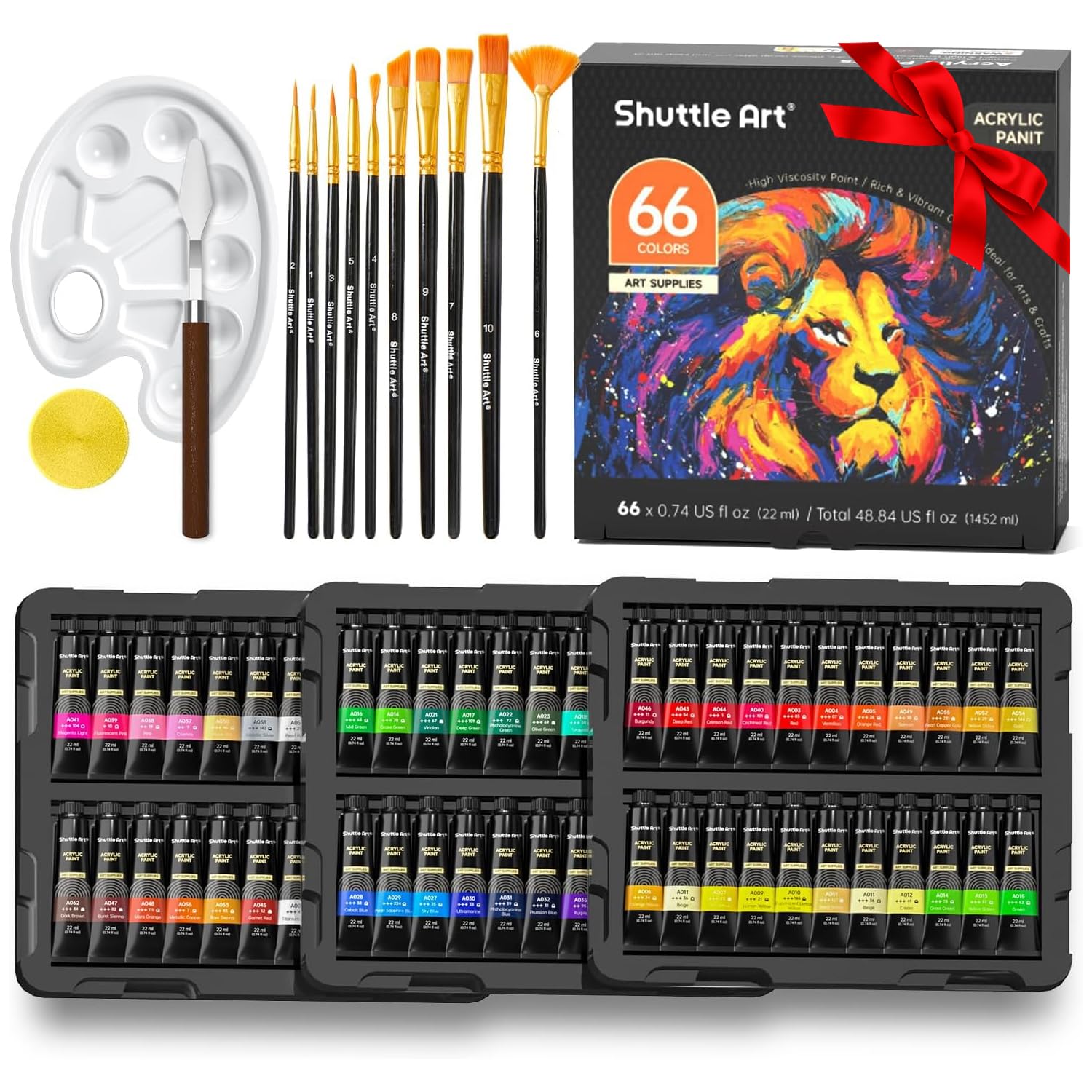 Shuttle Art Professional Quality, Rich Pigments, Non-Toxic 66 Colors 22ml/Tube with 3 Brushes, on Canvas Wood Clay Fabric Ceramic Crafts Acrylic Paint Set for The Artists, Beginners and Kids