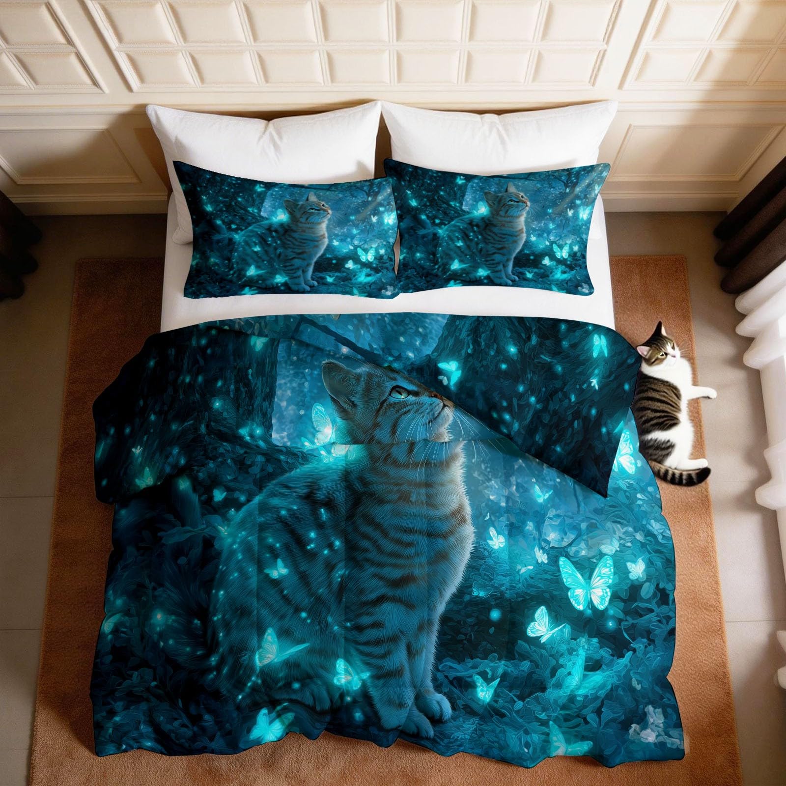 Kołdra 220 x 240 cm Fantastyczny las, dwustronna kołdra dla 2 osób bez rękawów, kot tygrys motyl oddychający koc na 4 pory roku, kołdra dla nastolatka i dzieci - ciemnoniebieski