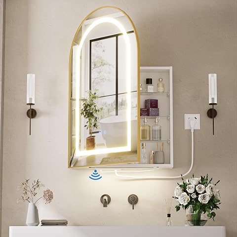 Specchio Bagno Contenitore con illuminazione e Antiappannamento Arcuata Armadietto Bagno a Parete con Presa (2*AC+3*USB)e 3 Mensola Luce a 3 color Specchio Contenitore 60x90x15 cm Oro e Beige