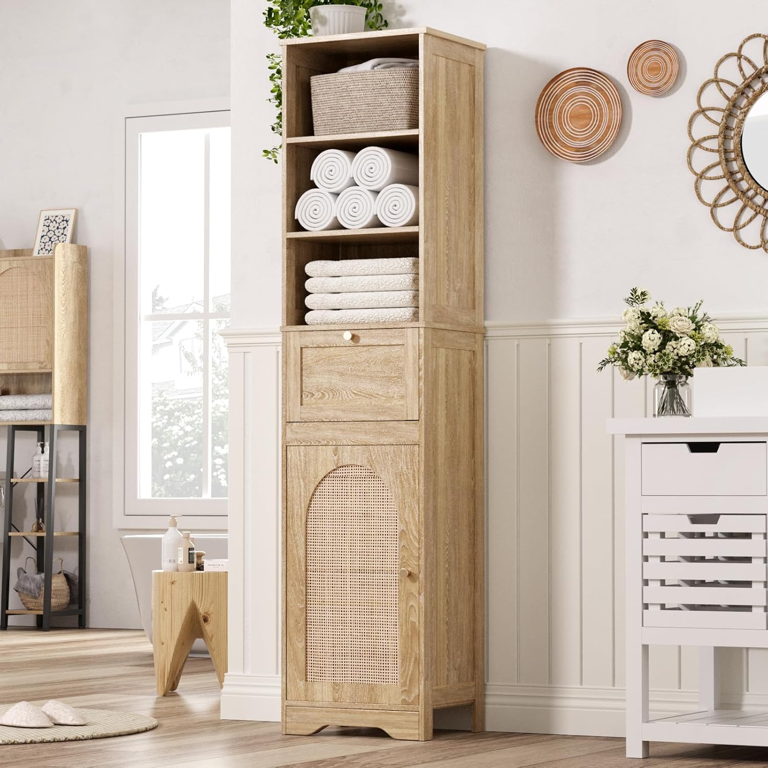 67''H Bathroom Storage with Rattan Doors & Drawer