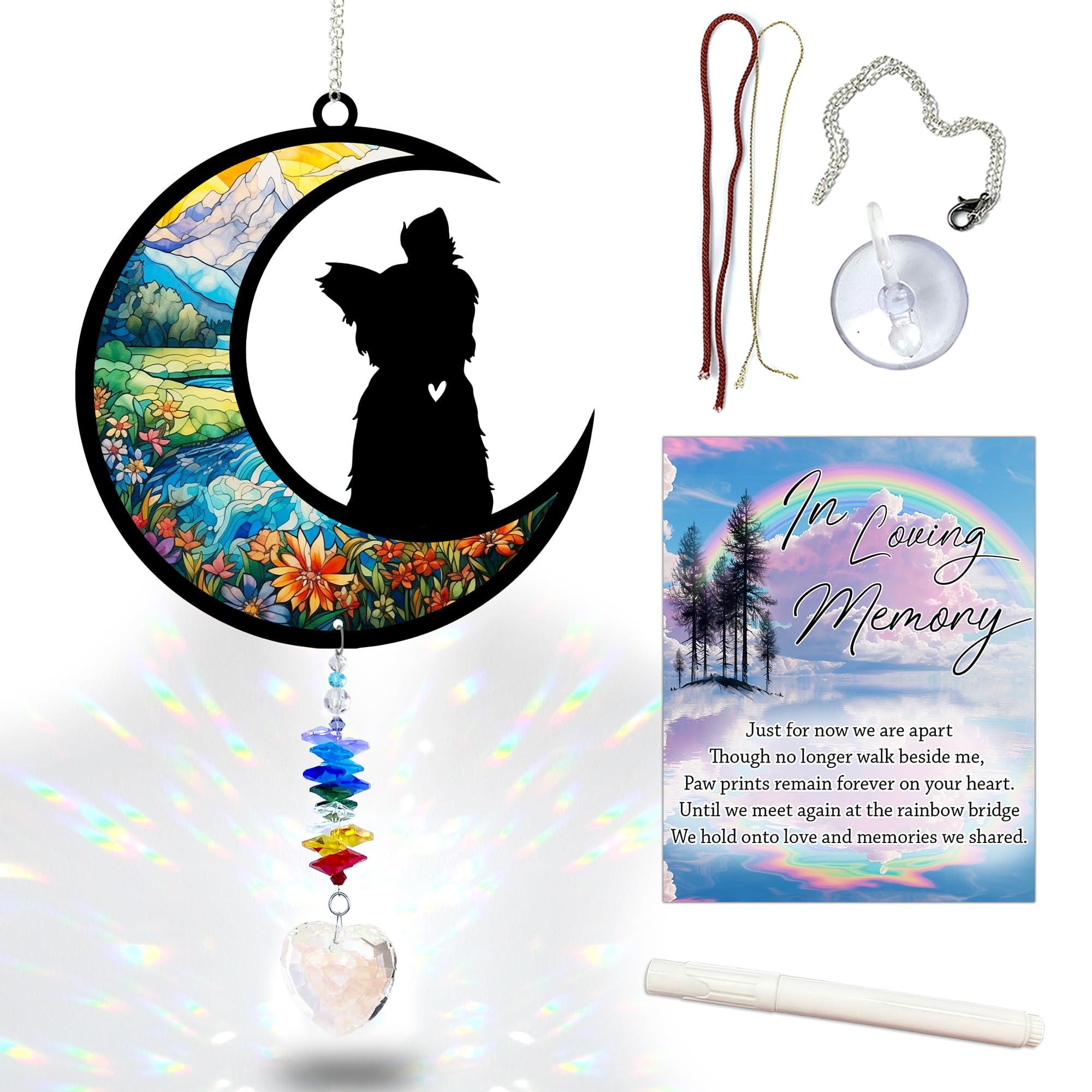MOTAVYN Yorkshire Terrier Suncatcher, Personalized Pet Loss Gift with Name & Date, Heart-Shaped Crystal Sun Catcher, Dog Remembrance Sympathy Rainbow