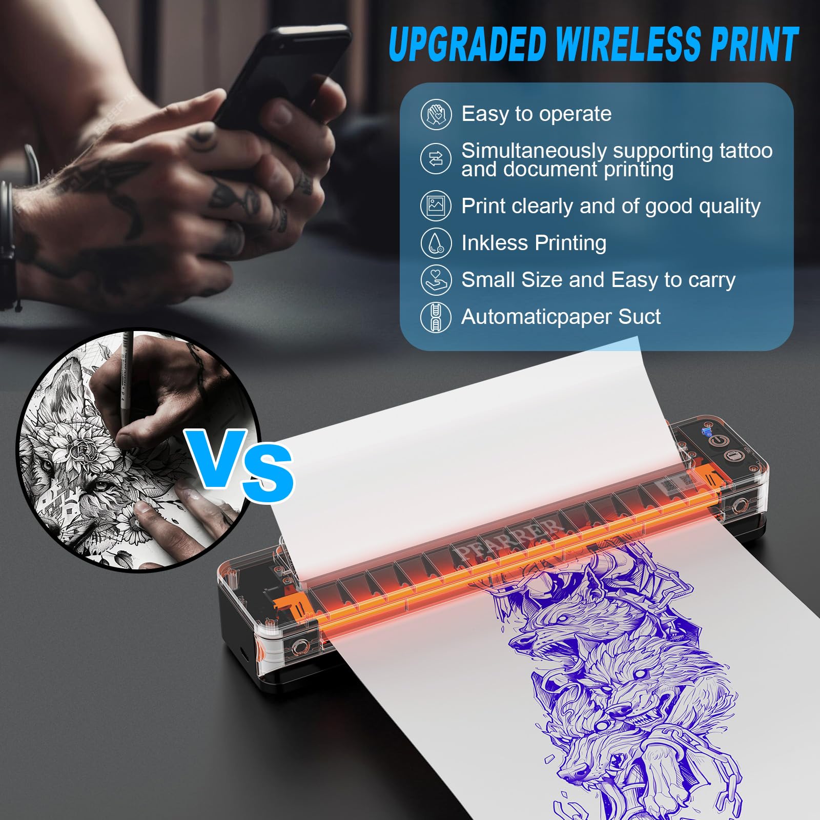 PFARRER Thermocopieur Tatouage Imprimante Thermique sans Fil Professionnelle T106P-EU avec 10 Feuilles Papier Transfert