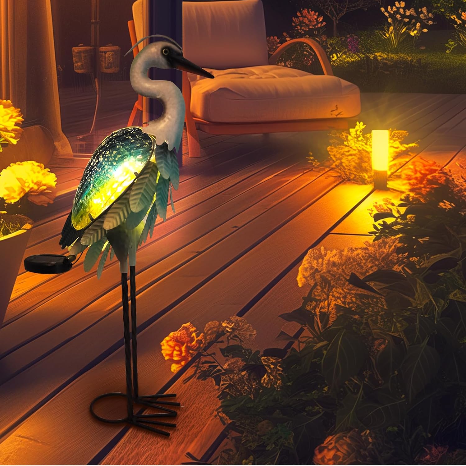 HONGLAND Solar Heron Metal Crane Statue Garden Heron Sculpture, Glass Outdoor Crane Yard Art Coastal Ocean Bird Decor 24 Inch Lawn Ornament for Backyard Porch Patio Decor（Green）