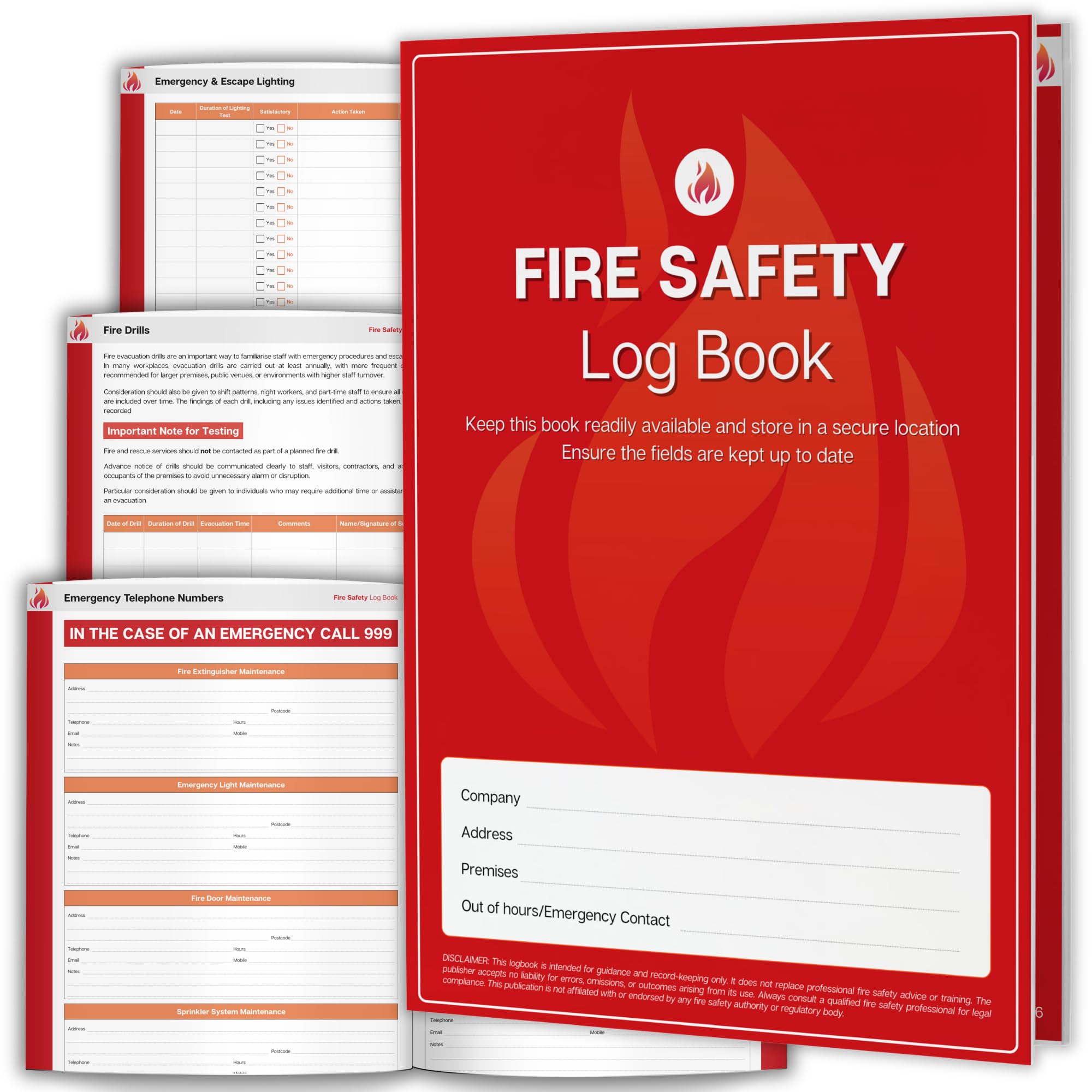 Fire Safety Logbook A4 | Workplace Fire Safety Record Book for Checks, Maintenance, Fire Drills, Training, Defects & Actions, 350gsm Durable Cover, Record Keeping Log Book for Business & Landlords
