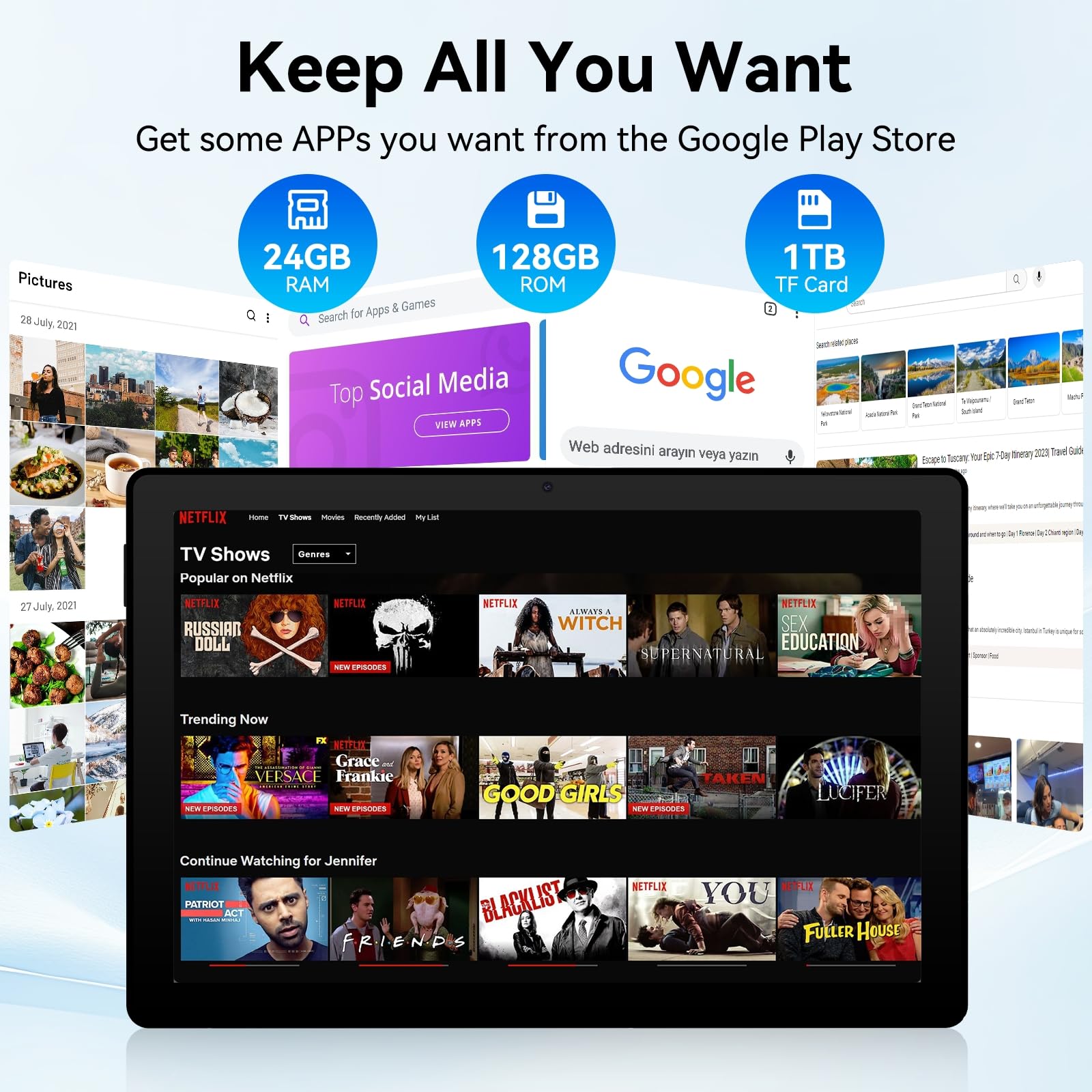 Laptok Tablet 11 pollici Android 15 Tablet con Octa-Core, Face ID, 24GB+128GB+1TB Espansione, 1280 * 800 HD IPS Touchscreen, tablet Android con WiFi 6 BT5.3, Doppia Fotocamera 5MP+8MP, Widevine L1