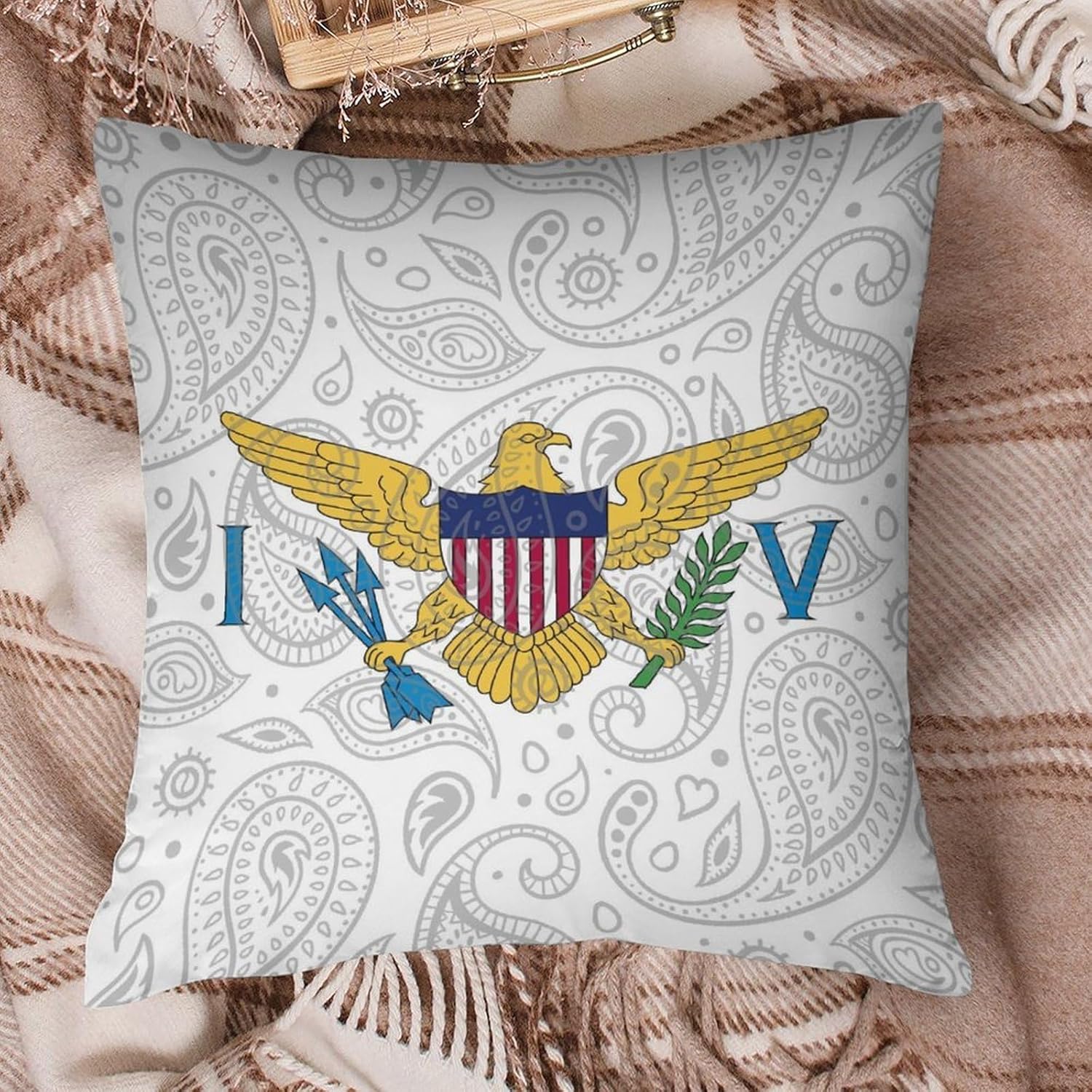 Virgin Islands Flag Paisley Pattern Printed Throw Pillow Case 4 Pcs Soft Pillowcases Pillows Covers Sofa Bed Decor 12/14/16/17/18/20/22/24/32 Inches