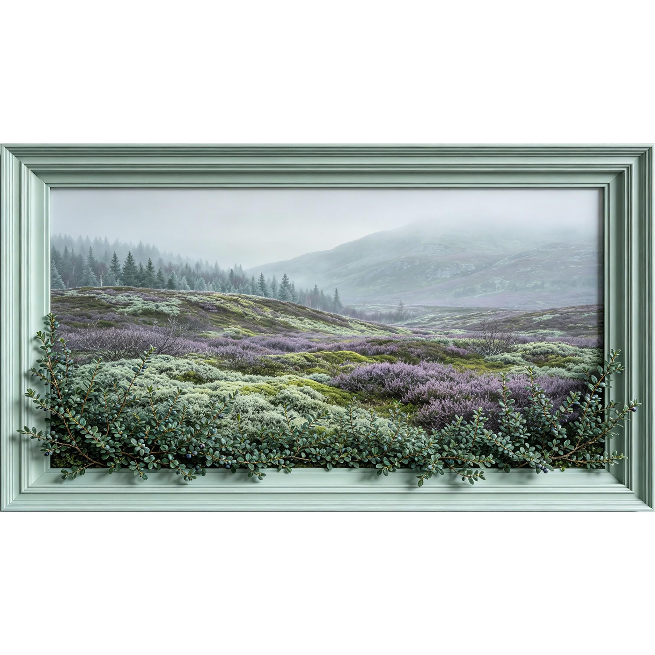 QZLITHOTIC 50×90cm3D Framed Wall Art， Misty Highland Landscape Mossy Hillside Botanical Self?Adhesive Mural， Water?Activated Peel & Stick Fabric Decor Wall Decal for Bedroom Living Room