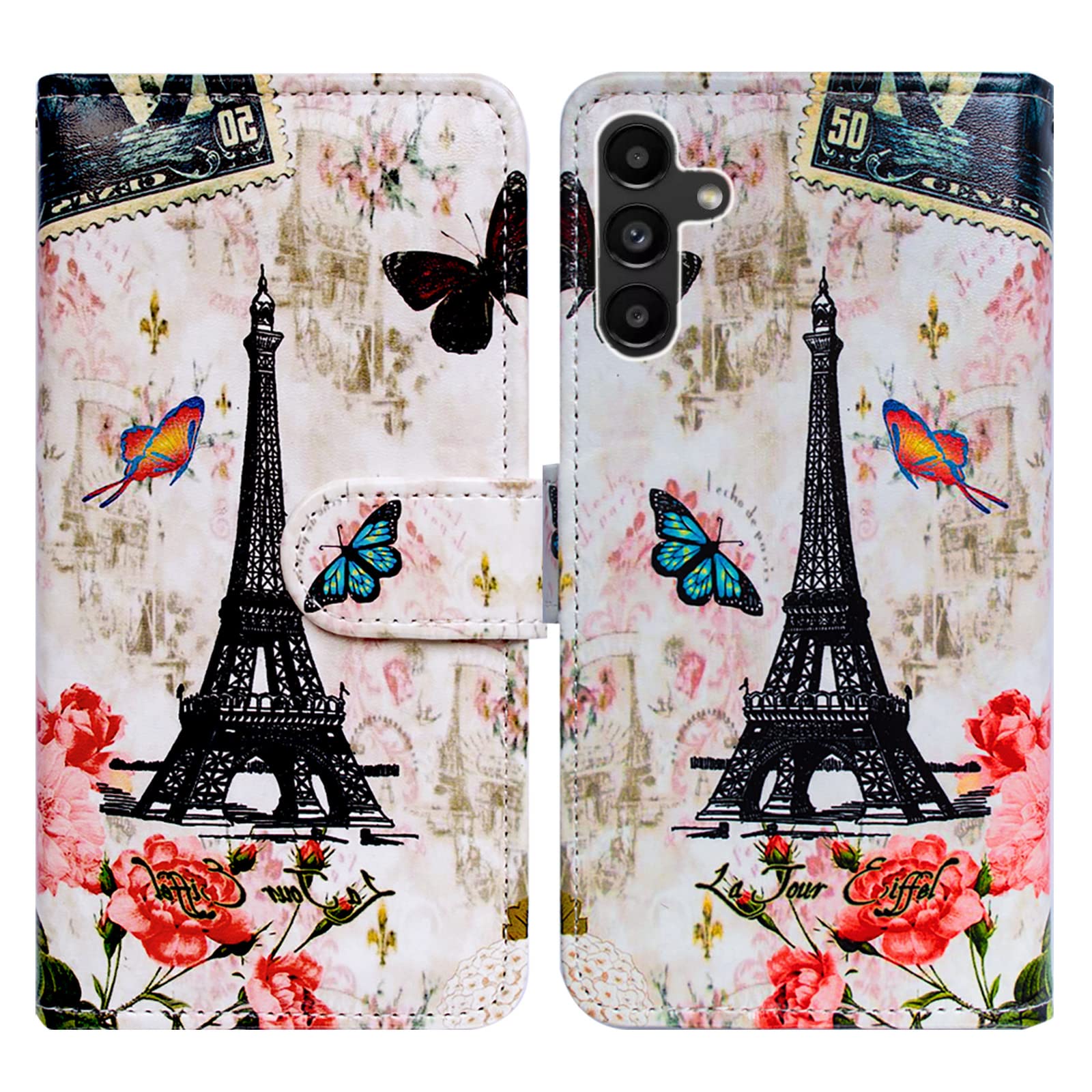 Bcov Case for Galaxy A13 5G, Paris Tower Butterfly Leather Flip Phone Case Wallet Cover with Card Slot Holder Kickstand for Samsung Galaxy A13 5G 2021