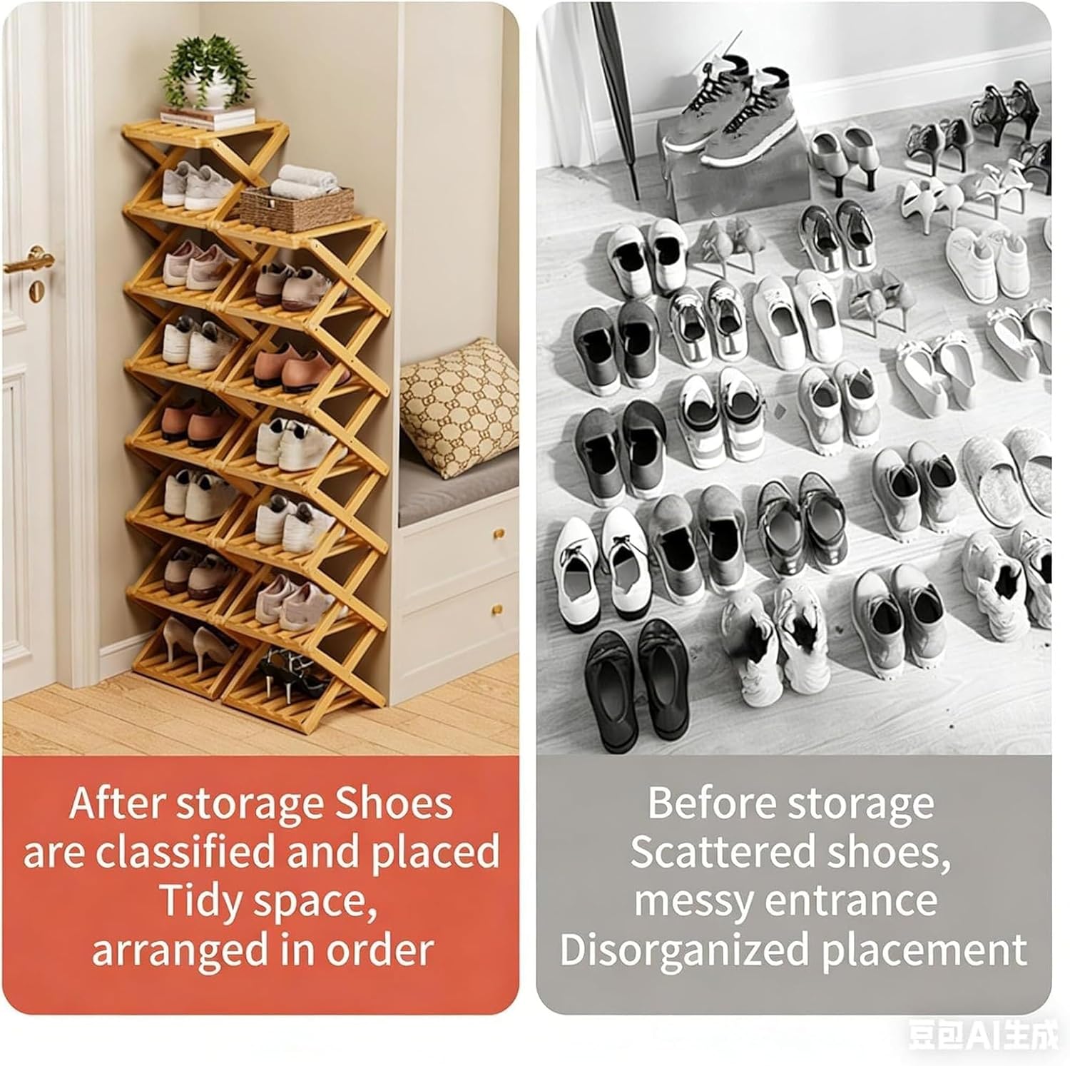 The 9-Tier No-Assembly Bamboo Rack: Foldable Vertical Wooden Shoe Rack, Space-Saving Narrow Shoe Shelf for Small Spaces, Multifunctional Shoe Tower Organizer (Wood Color, 9)