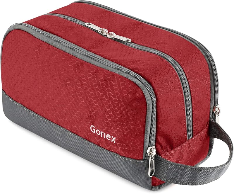 Gonex Travel Toiletry Bag for Men, Water Resistant Dopp Kit for Toiletries | Lightweight Nylon Shaving Bag, Multi Compartments, SBS Zippers, Side Handle, Perfect for Weekend Travel, Red