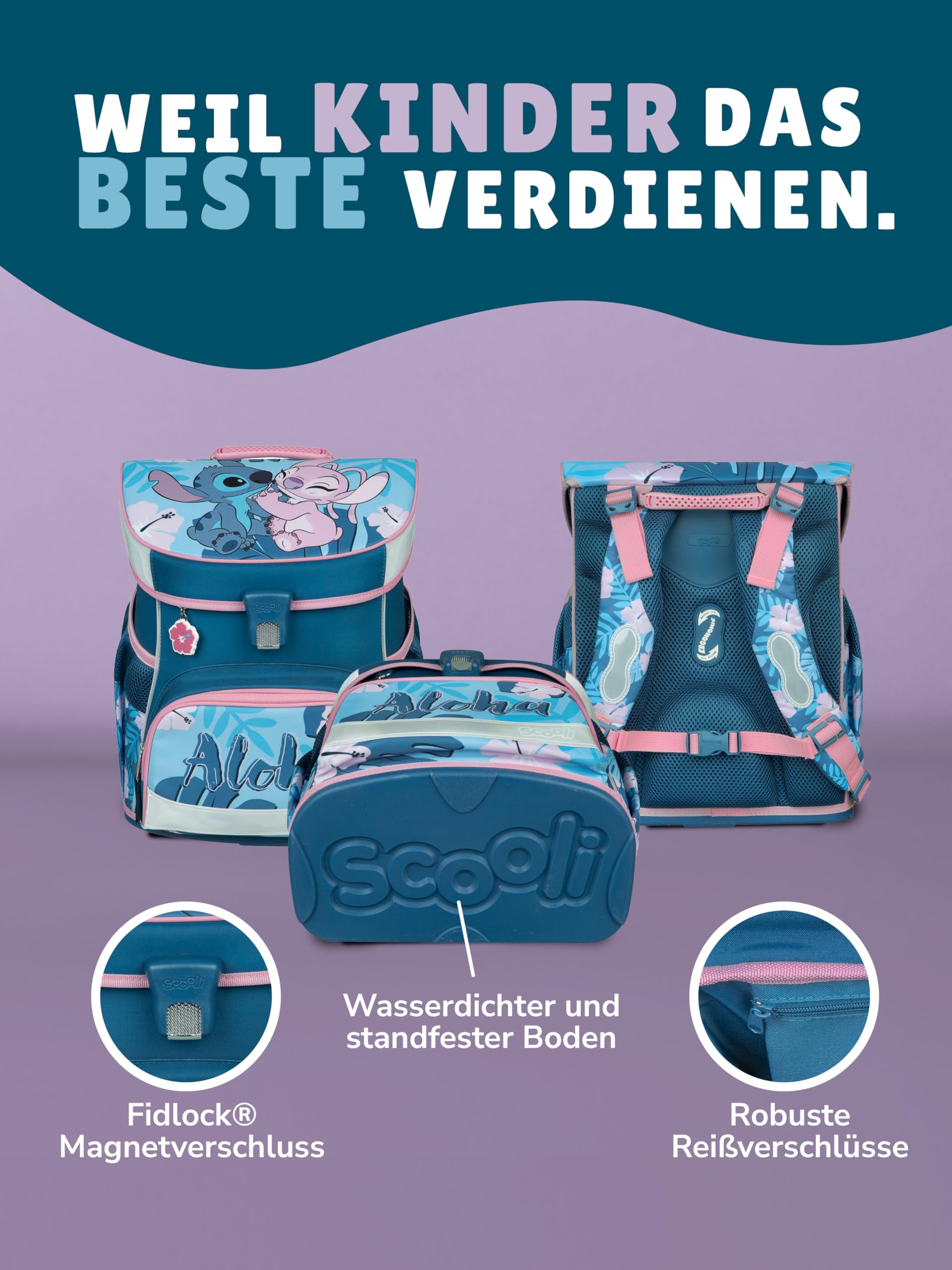 Familando - Scooli Campus Fit Schulranzen Set - 9-teilig mit Sporttasche - Disney Stitch - Ergonomisch, stabil & 980g leicht - 18L Volumen - Brustgurt & Reflektoren - ab 1. Klasse