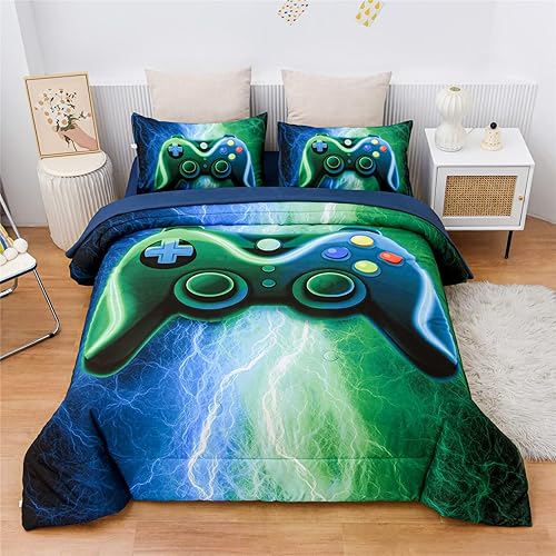 Miniatura 3 de Juego de ropa de cama para jugadores Meeting Story, conjunto de edredón con diseño de rayos y dispositivo de juego, botones de acción, decoración