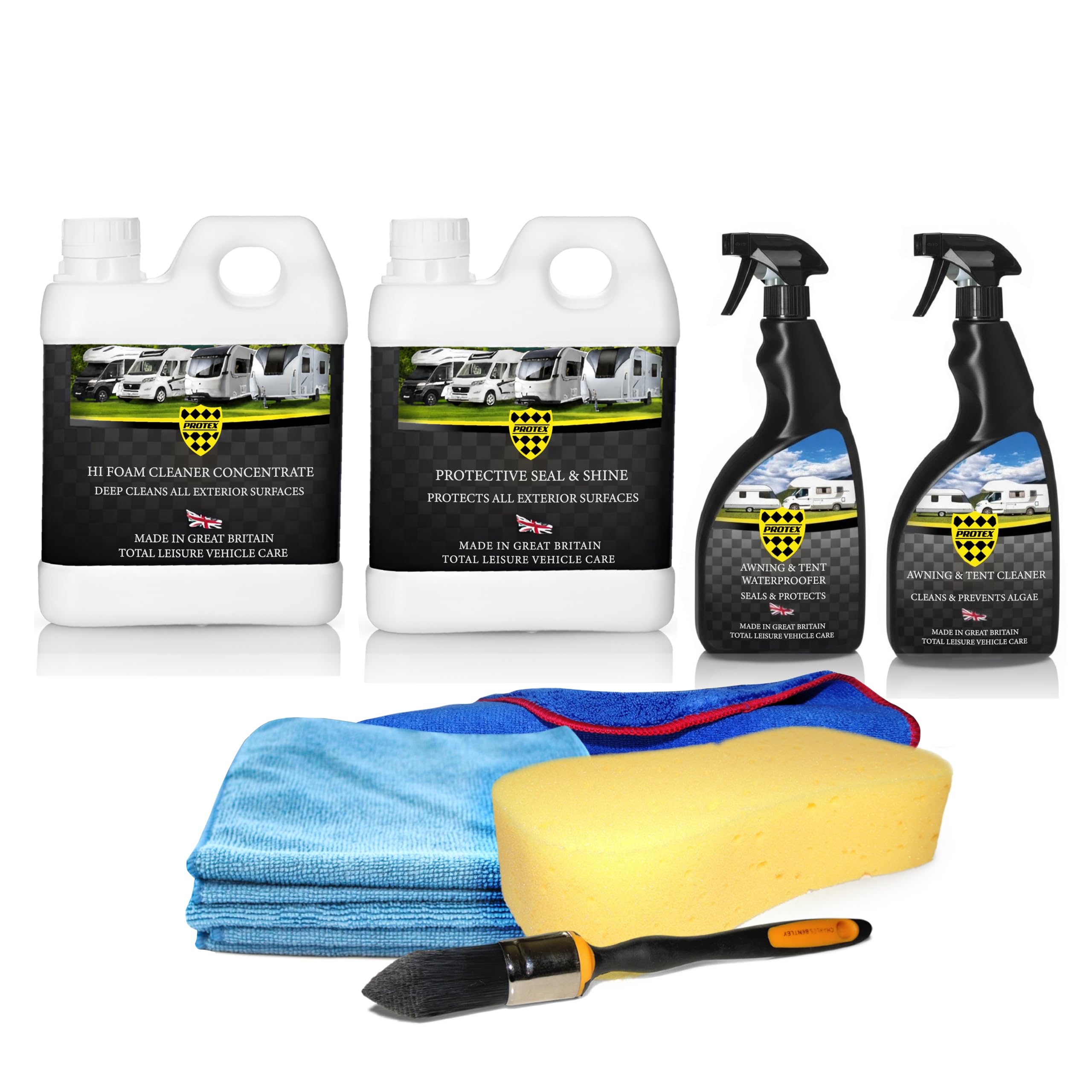 Caravan & Motorhome Advanced Complete Cleaning Kit. Hi Foam Cleaner Concentrate, Protective Seal & Shine, Spirt Glass Cleaner 750ml & Plastic & Rubber Spray 750ml.