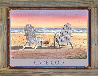 Northwest Art Mall Cape Cod Massachusetts Adirondack Chairs Beach Rustic Metal Print on Reclaimed Barn Wood from Watercolor by Artist Dave Bartholet 8.5" x 11.5"