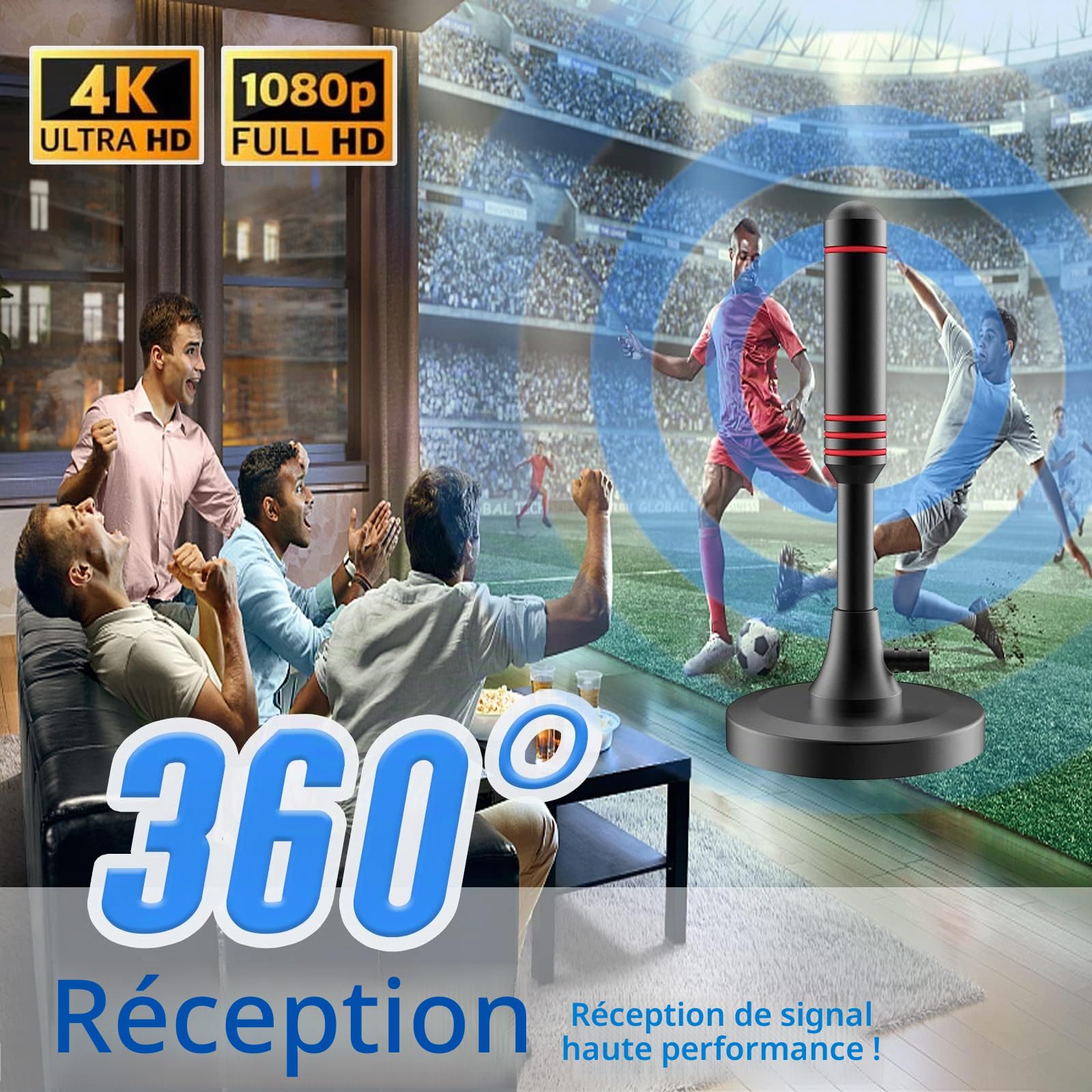 Antenne TV d'intérieur pour Smart TV avec amplificateur de signal - Antenne TV numérique pour Freeview TV - Longue portée de 900 km - Prise en charge 4K 1080p - Avec base magnétique/câble coaxial de 5