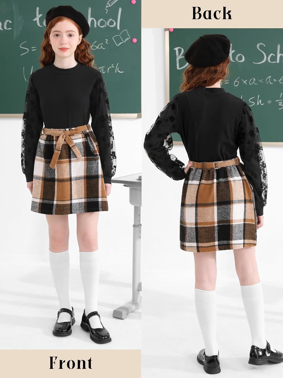 2-Piece Girls Skirt Set Winter Plaid Skirt Set Casual Fall Long Sleeve Rib Knit Shirt Tops Dress Outfit with Pockets - Image 5