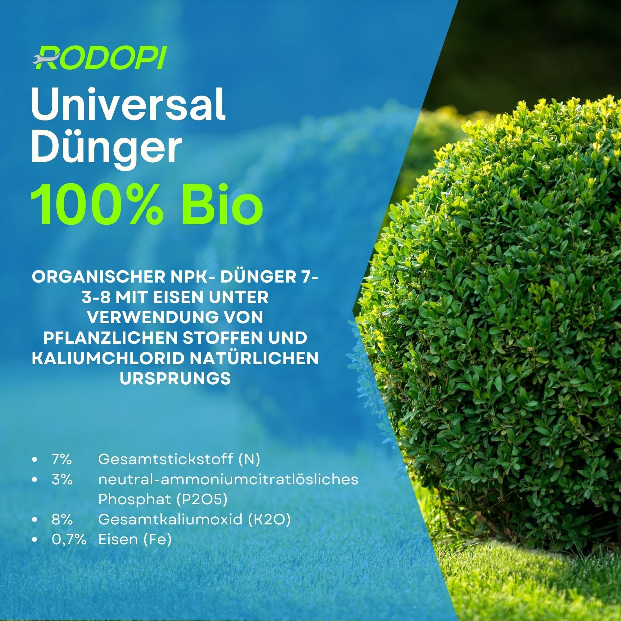 Rodopi Bio-Universaldünger Granulat – 3 Monate Langzeitwirkung – 100% pflanzlich & tierfrei – Organischer NPK-Dünger 7-3-8 mit Eisen – Für Gemüse, Zierpflanzen & Garten 20kg