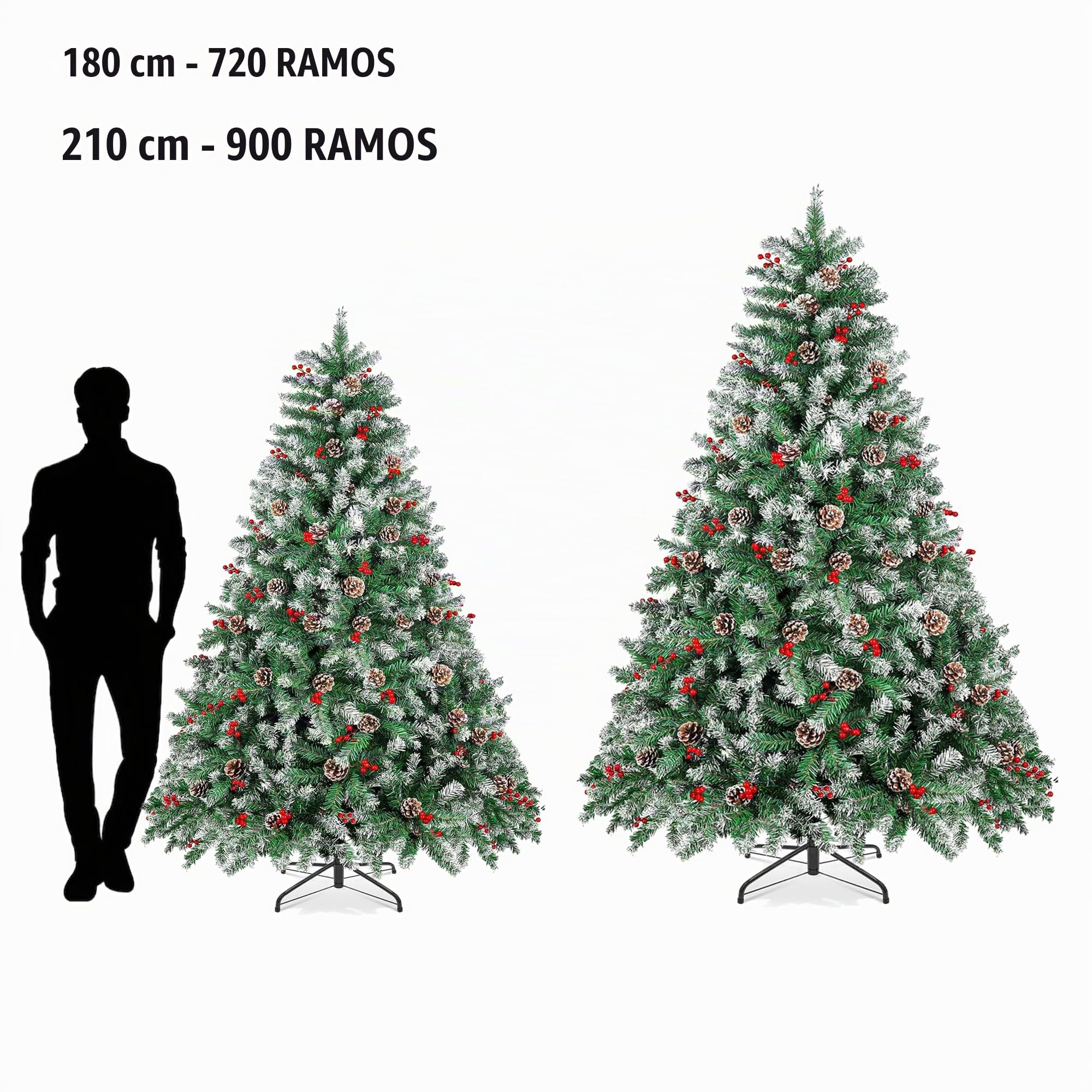 Arbol de Navidad Plegable con Decoracion Piña Frutos Rojos y Nieve, Arbol Navidad Artificial Fibra Natural Verde Robusto con Soporte de Pie Metal Fácil Montaje para Exterior e Interior (180cm 720Tips)